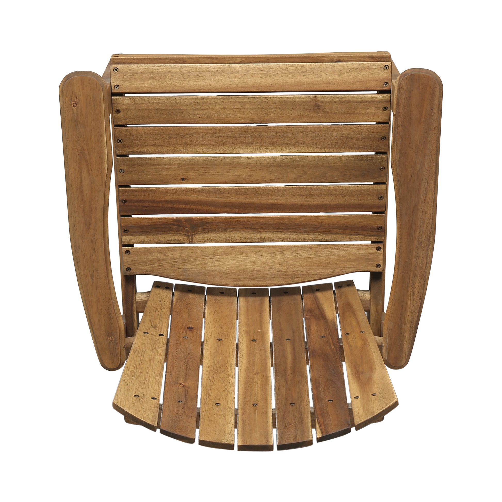 Top view of a natural wood Adirondack chair with slatted seat and back
