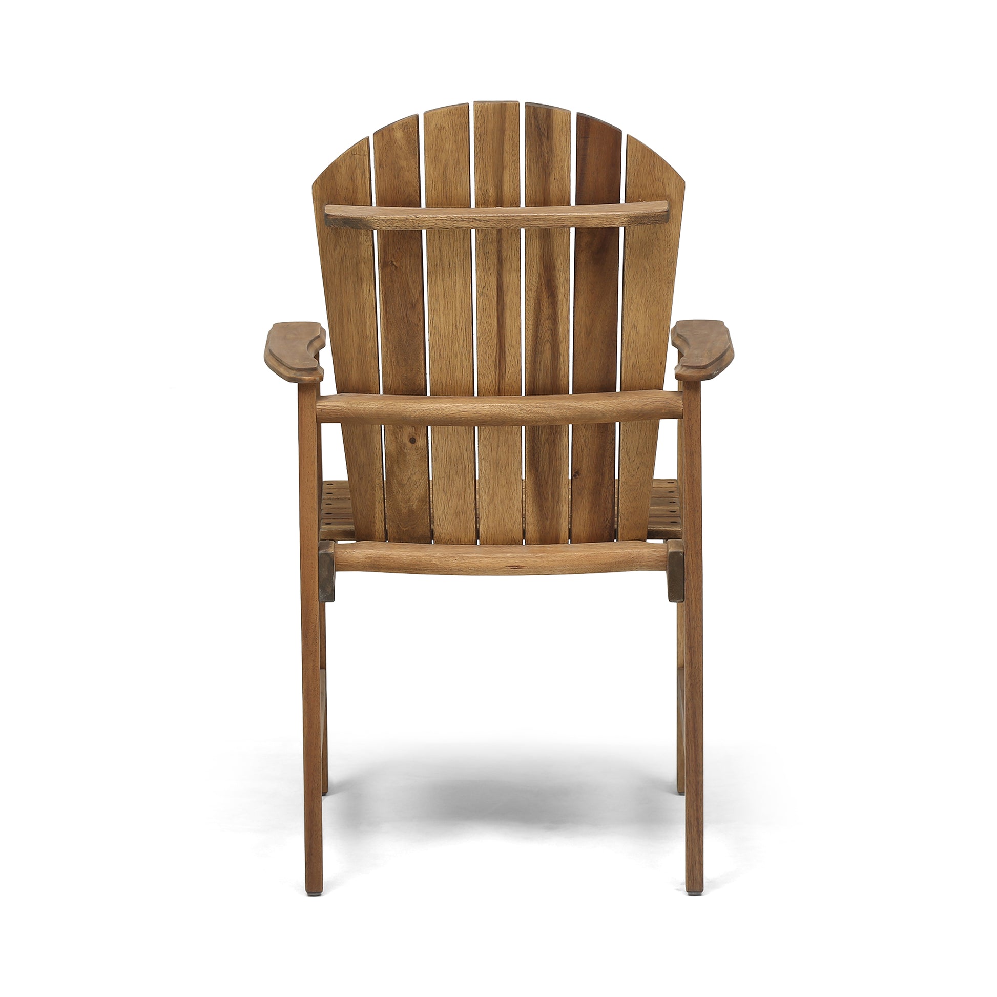 Rear view of a slatted acacia wood adirondack chair with curved back and wide armrests
