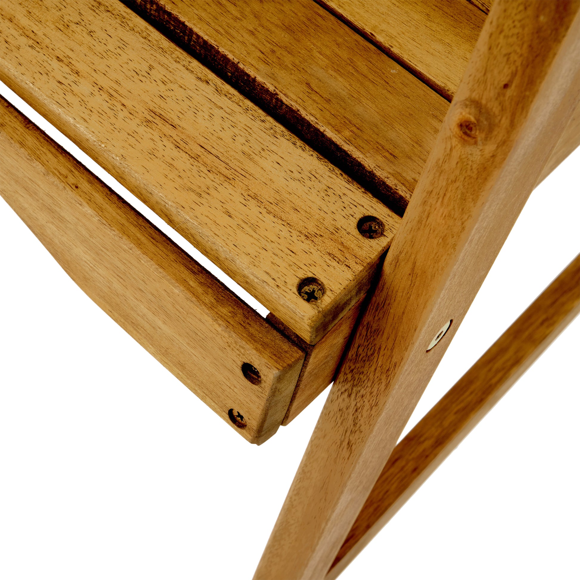 Closeup of warmtoned wooden slats featuring natural grain patterns and visible screw details