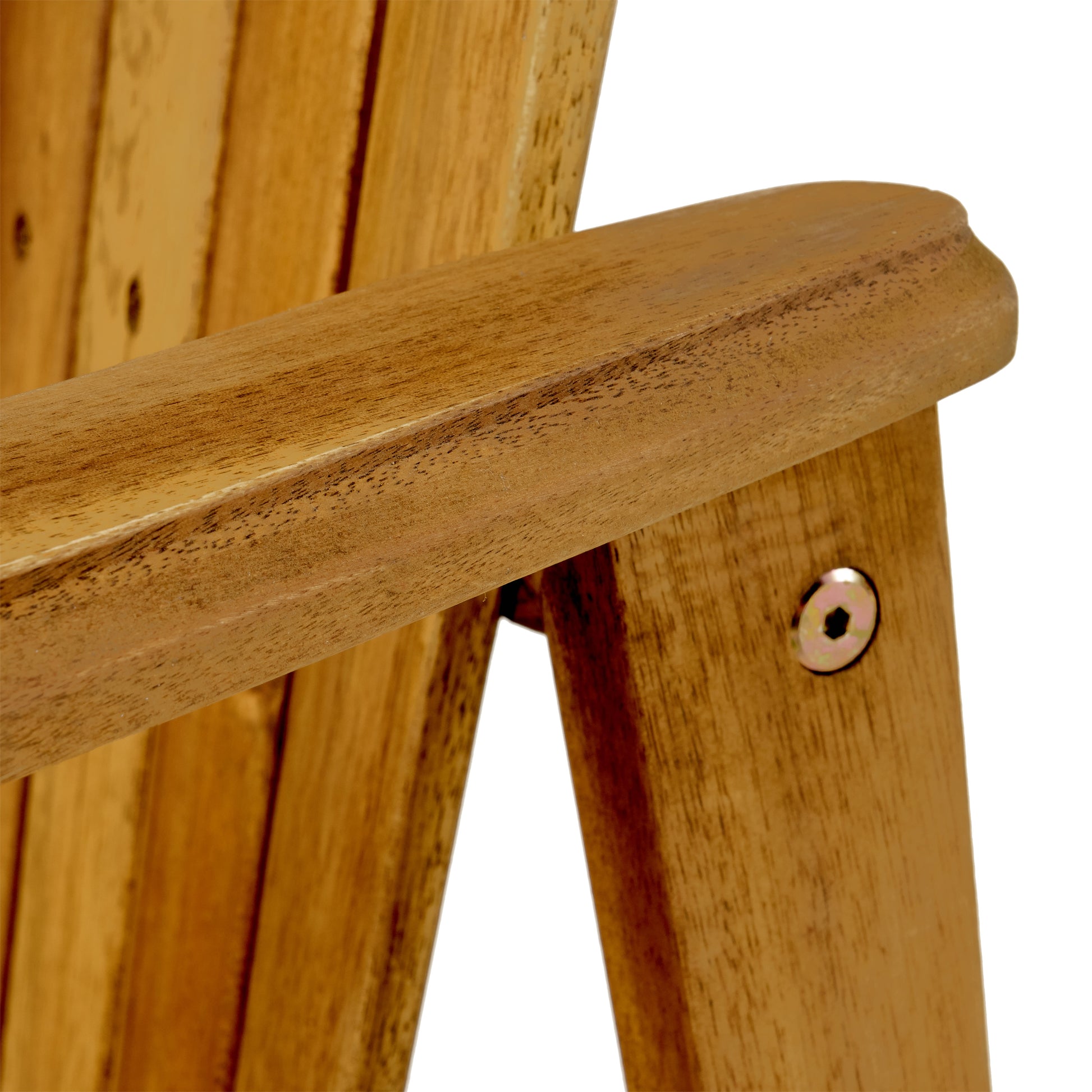 Closeup of a smooth rounded wooden armchair armrest with visible wood grain and a metal bolt