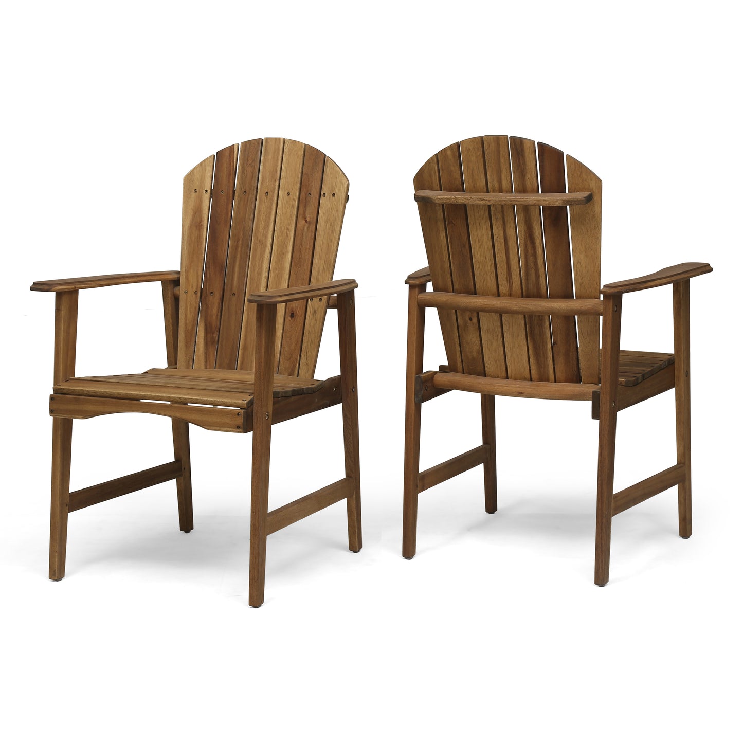 Two natural wood adirondack chairs shown from front and back perfect for outdoor relaxation