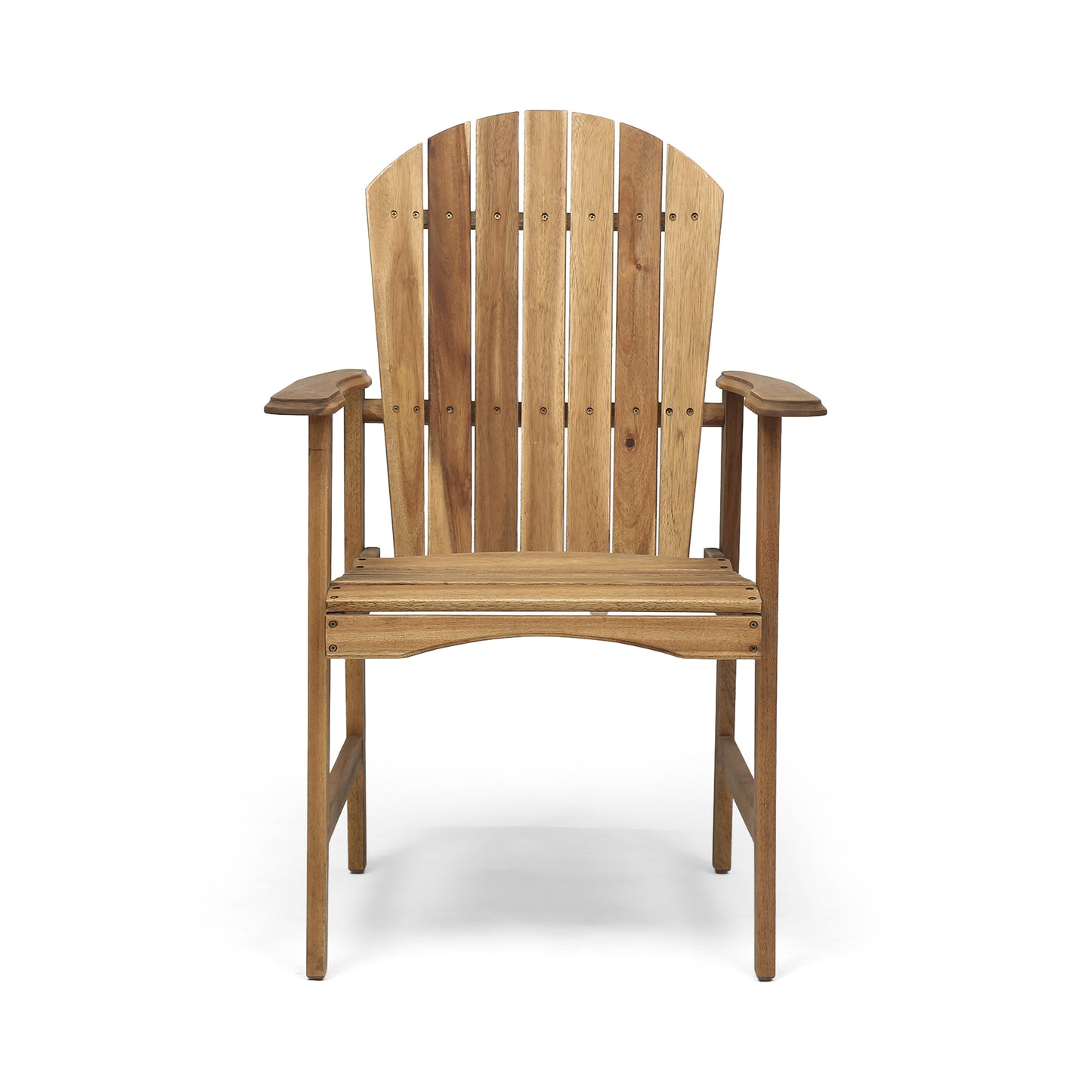 Wooden Adirondack chair with multitoned slats and curved arms perfect for outdoor relaxation