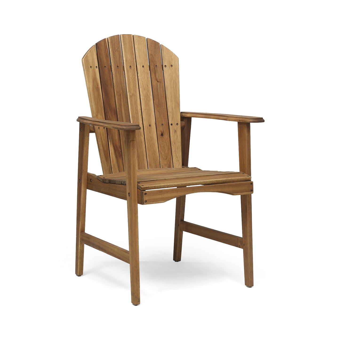 Natural wood Adirondack chair with curved back and armrests perfect for patio seating