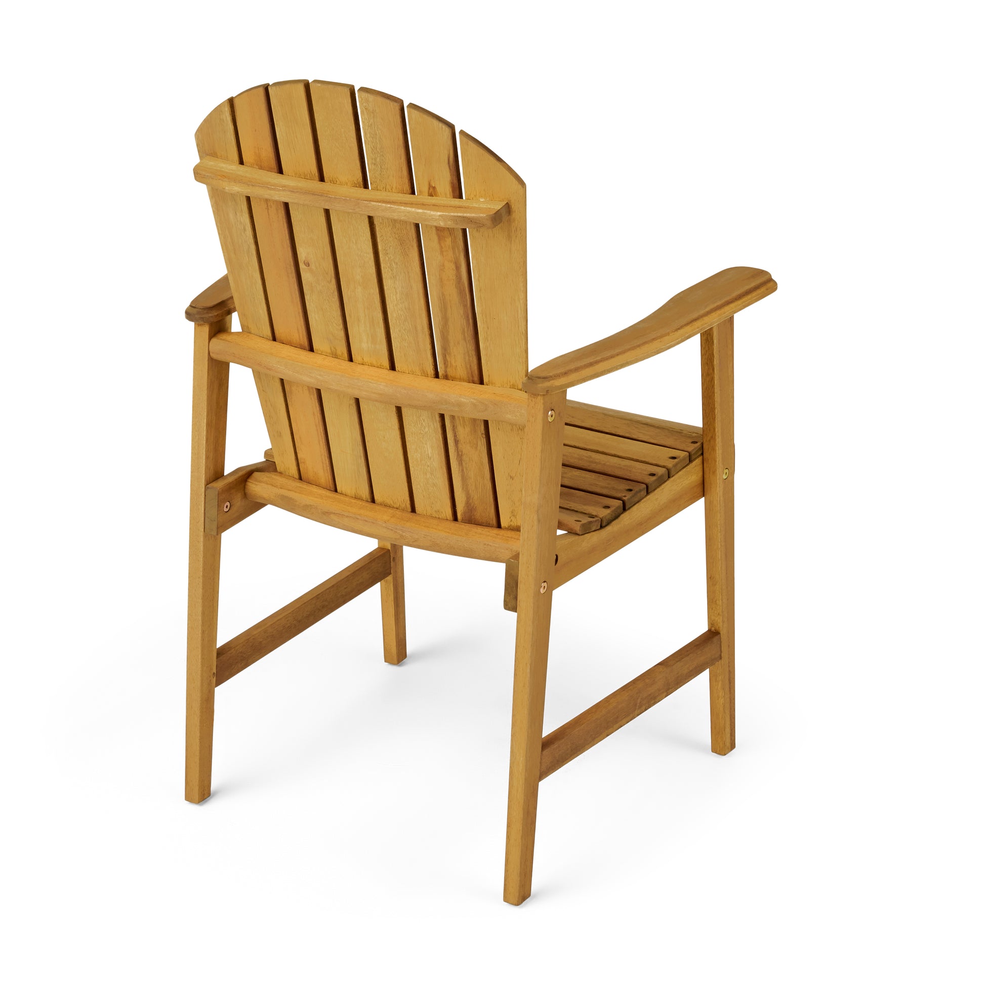 Wooden Adirondack chair with slatted back and seat perfect for outdoor relaxation