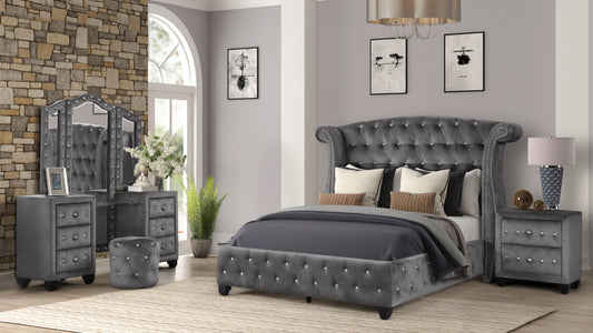Tufted grey velvet king bed with crystal accents and ornate headboard