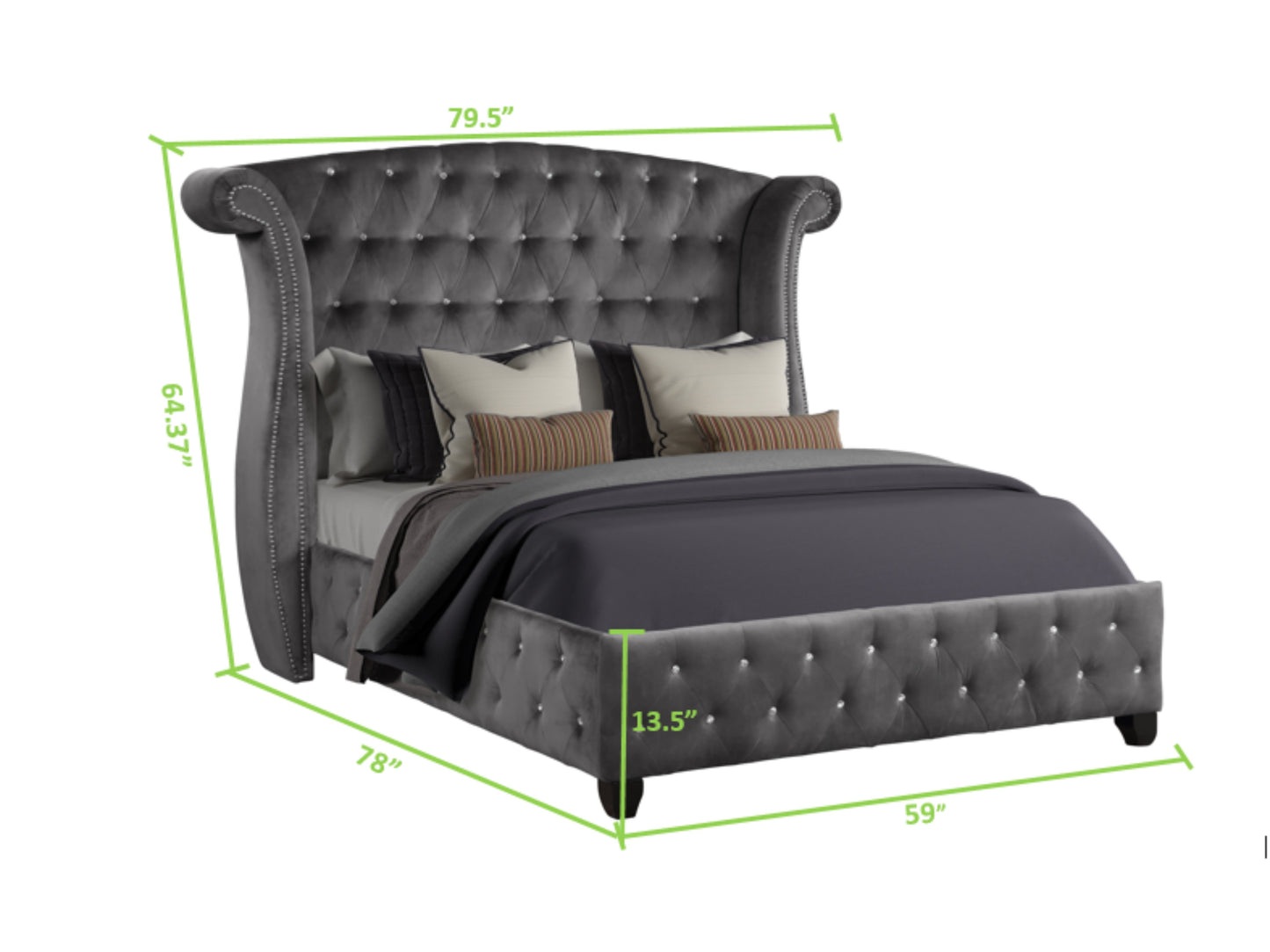 Dark gray velvet tufted wingback bed frame with crystal accents
