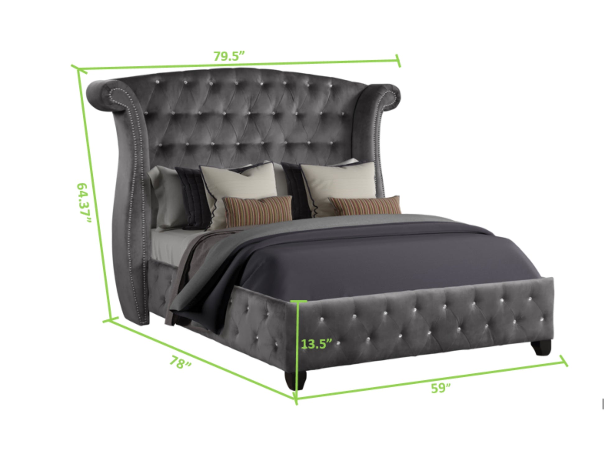 Dark gray velvet tufted wingback bed frame with crystal accents