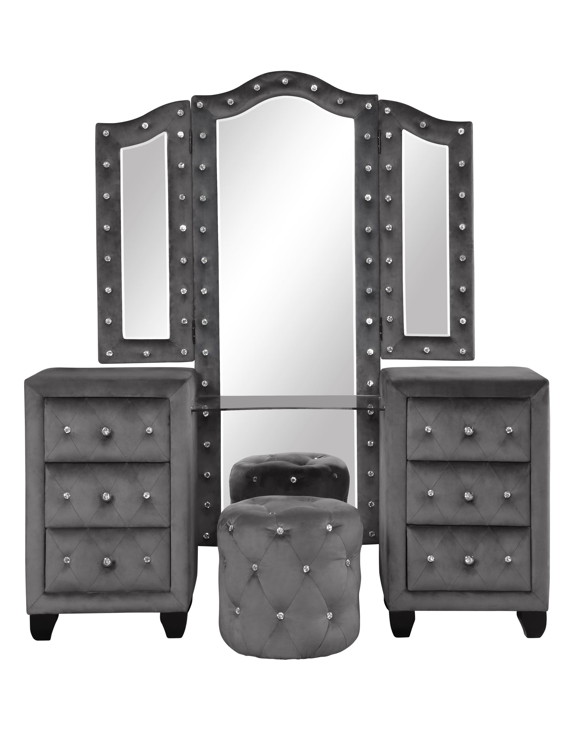 Grey velvet vanity set with mirrored trifold mirror and diamondtufted drawers