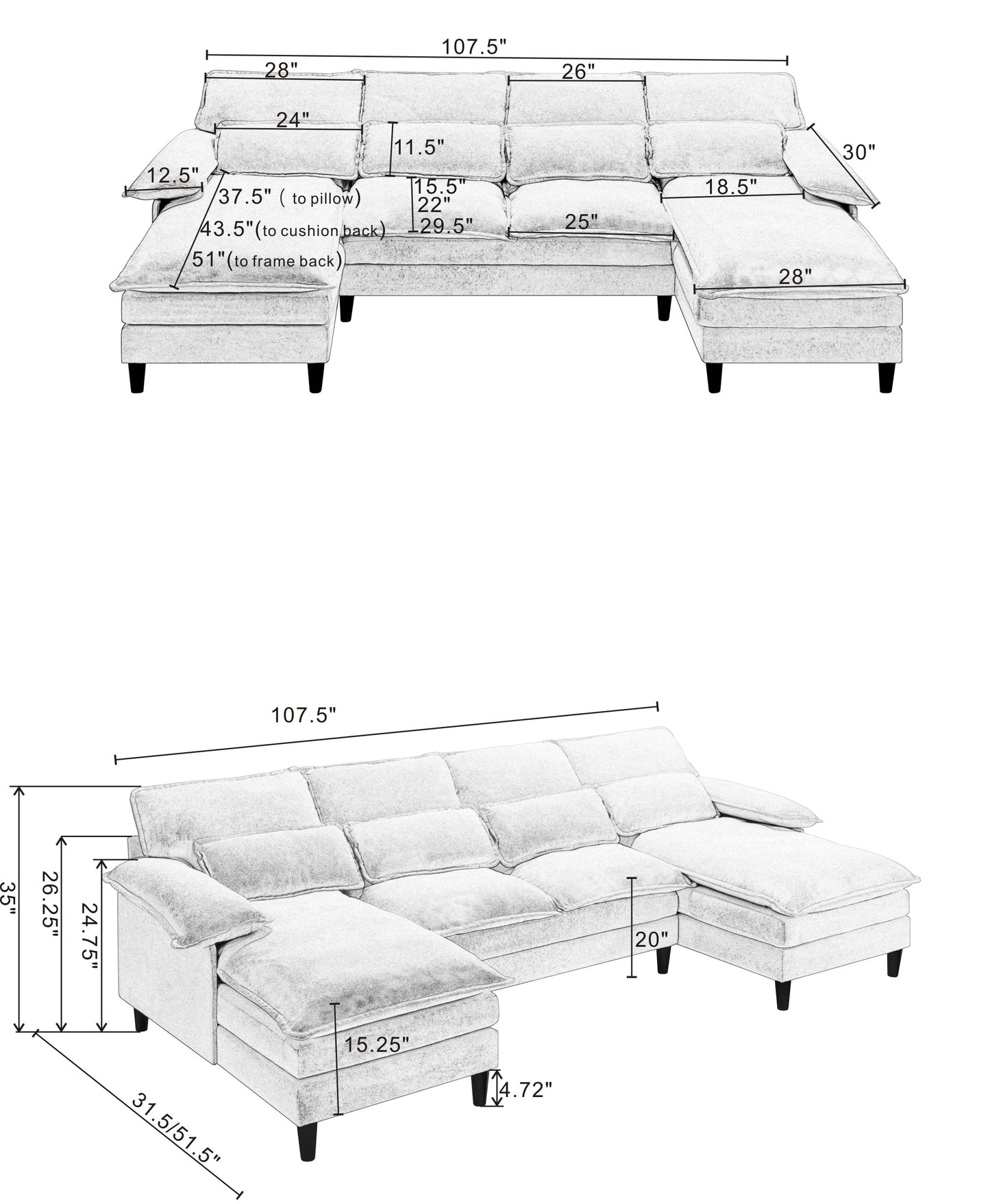 Topdown view of a sectional sofa with chaise featuring plush cushions and detailed dimensions for an organized living room