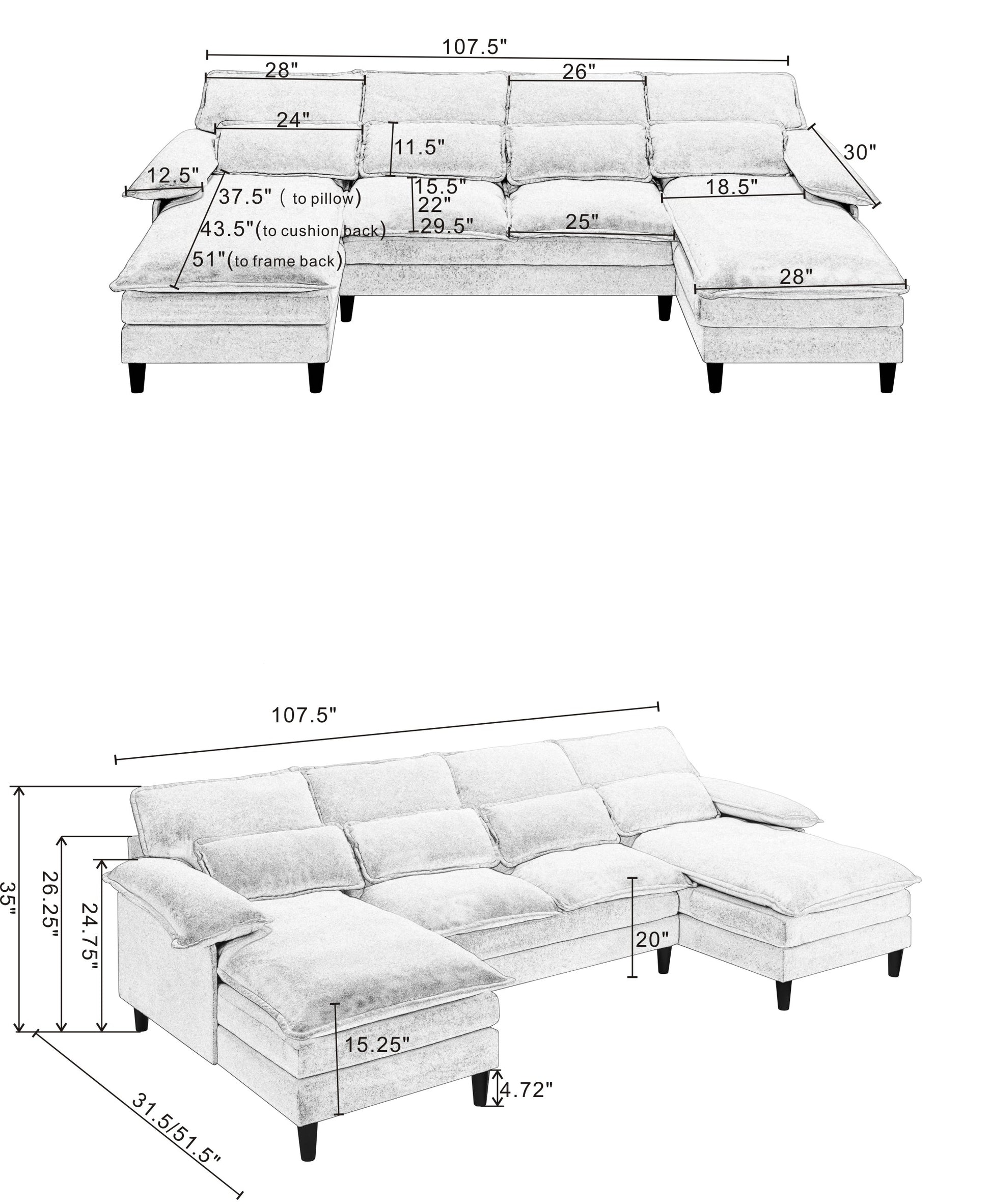 Gray Ushaped sectional sofa with chaise lounge and plush cushions  wide