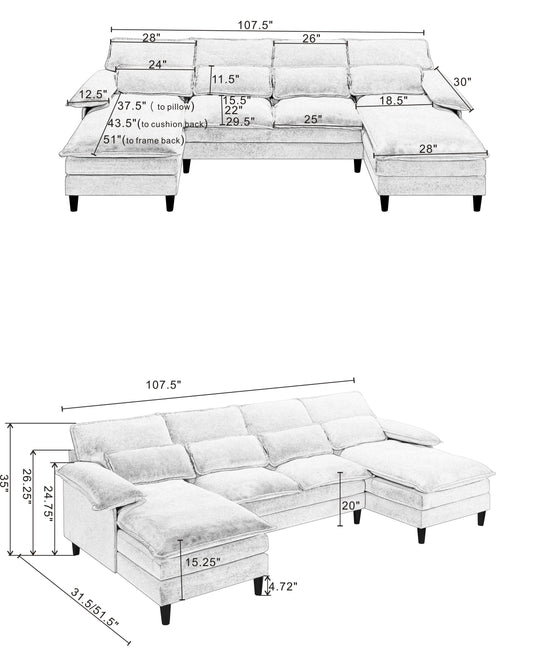 Gray Ushaped sectional sofa with chaise lounge and plush cushions  wide