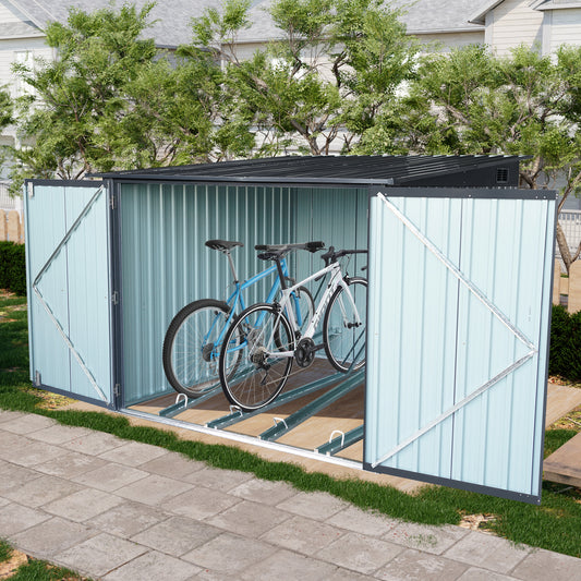 Light blue metal bicycle storage shed with two bikes parked inside