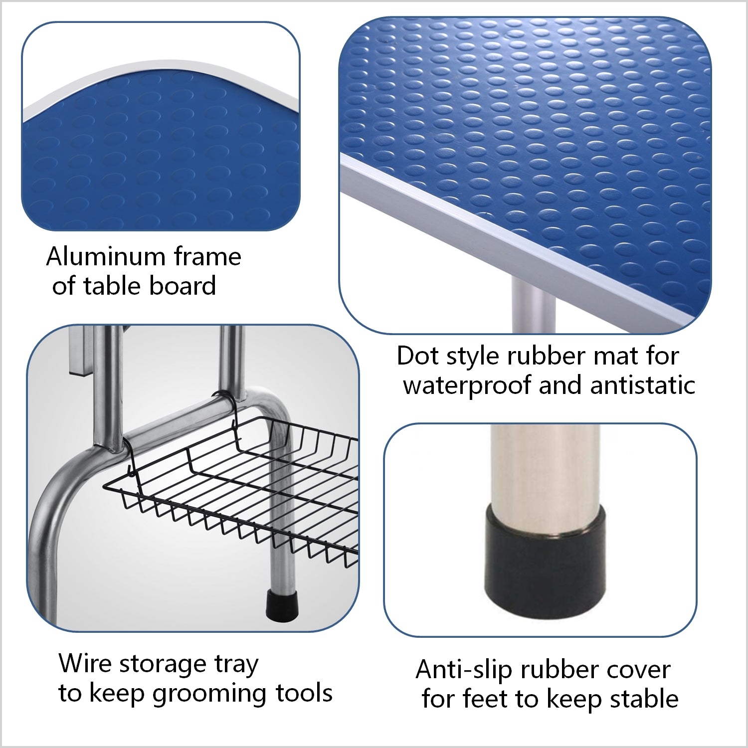 Blue rubber mat with raised dots on aluminum grooming table board for traction