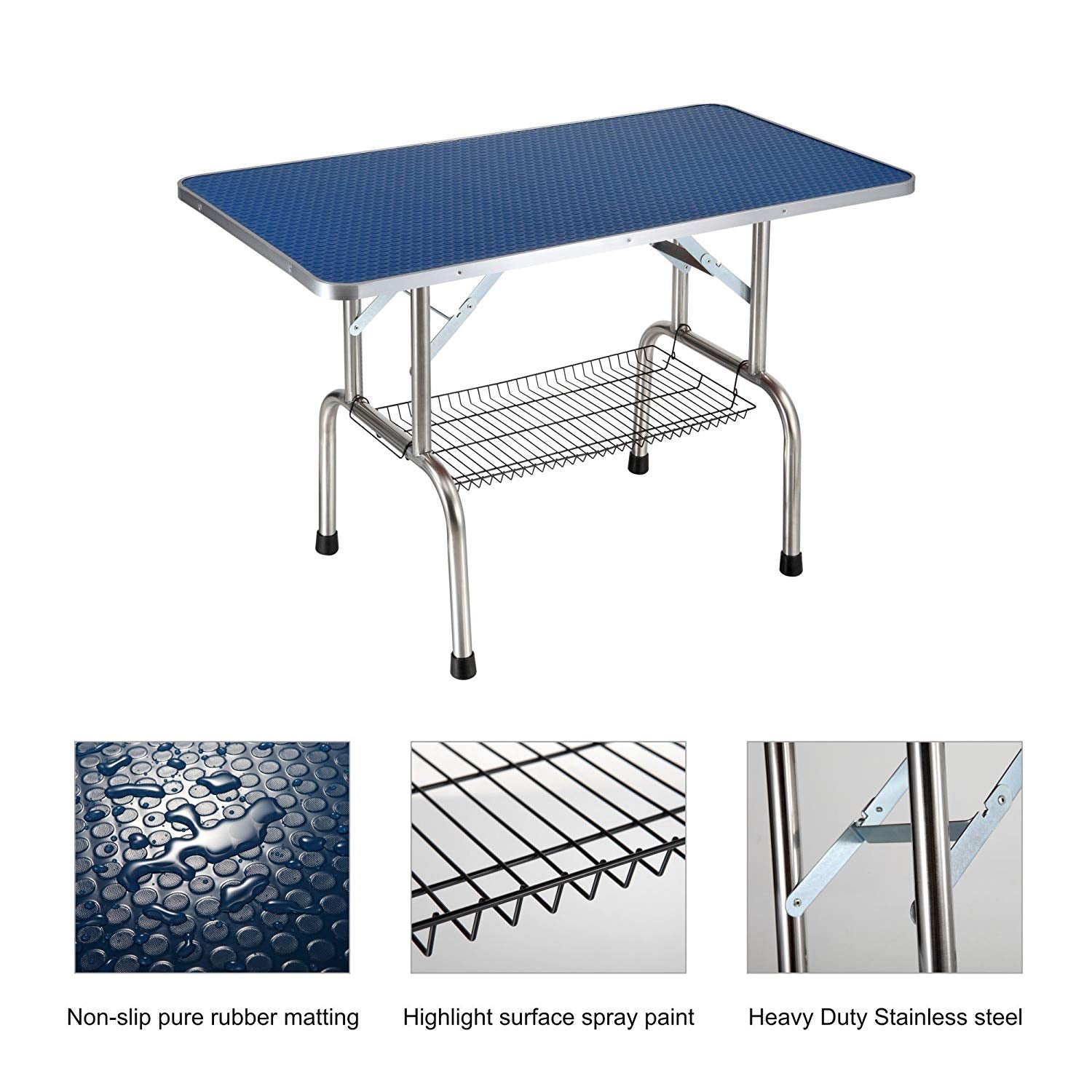 Blue textured grooming table with stainless steel legs and wire shelf for pet supplies
