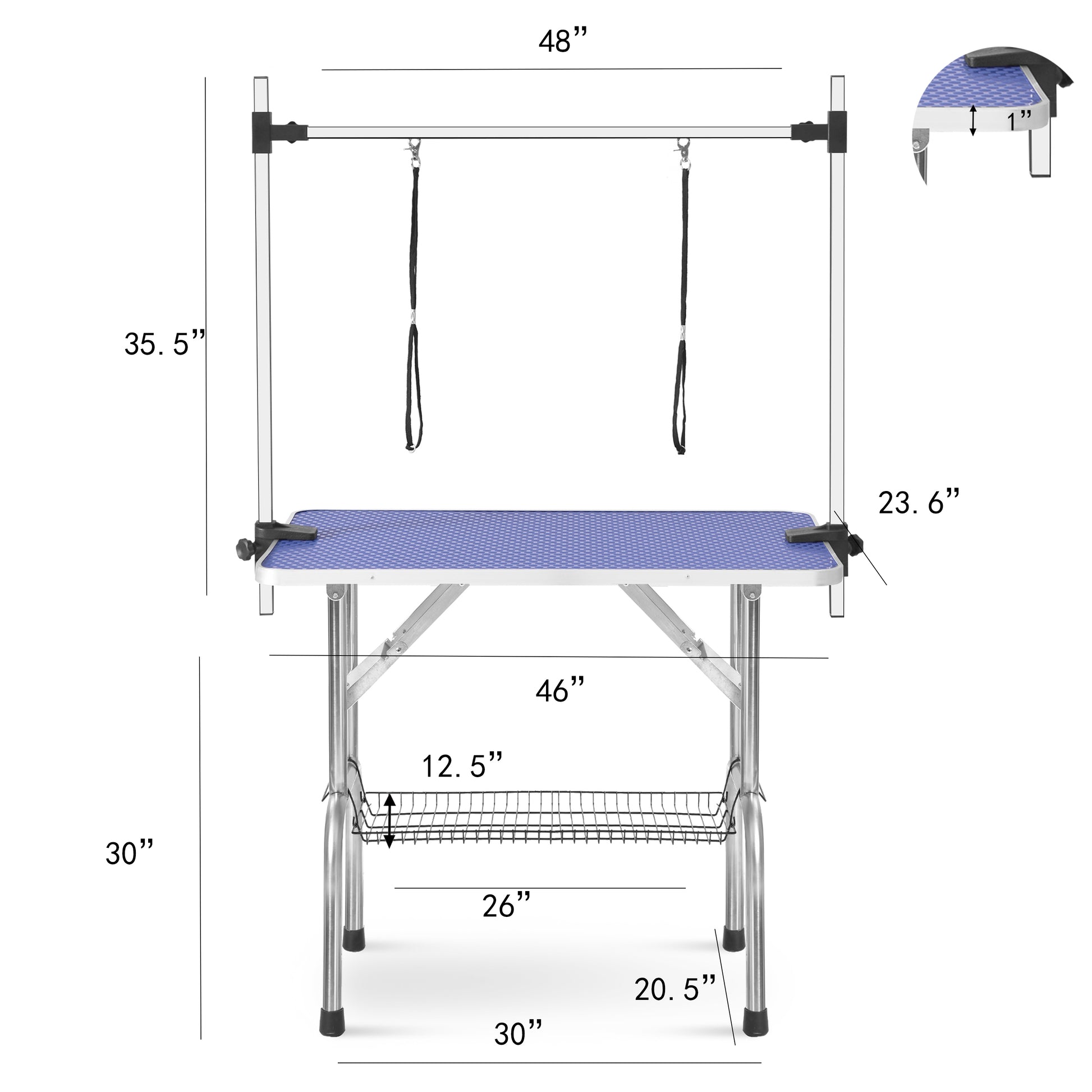 Adjustable grooming table with blue textured surface and hanging restraints  x