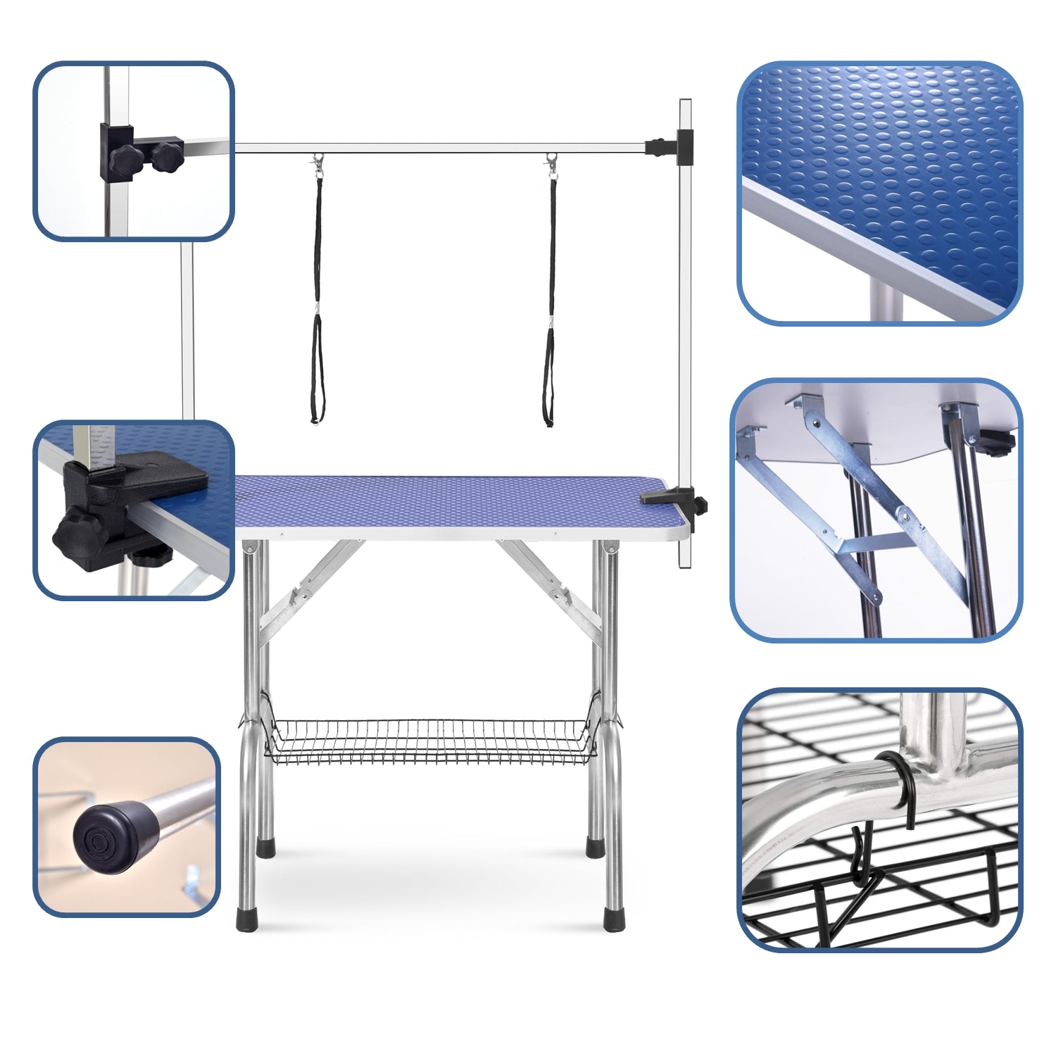 Adjustable grooming table with blue nonslip surface and adjustable straps for pets