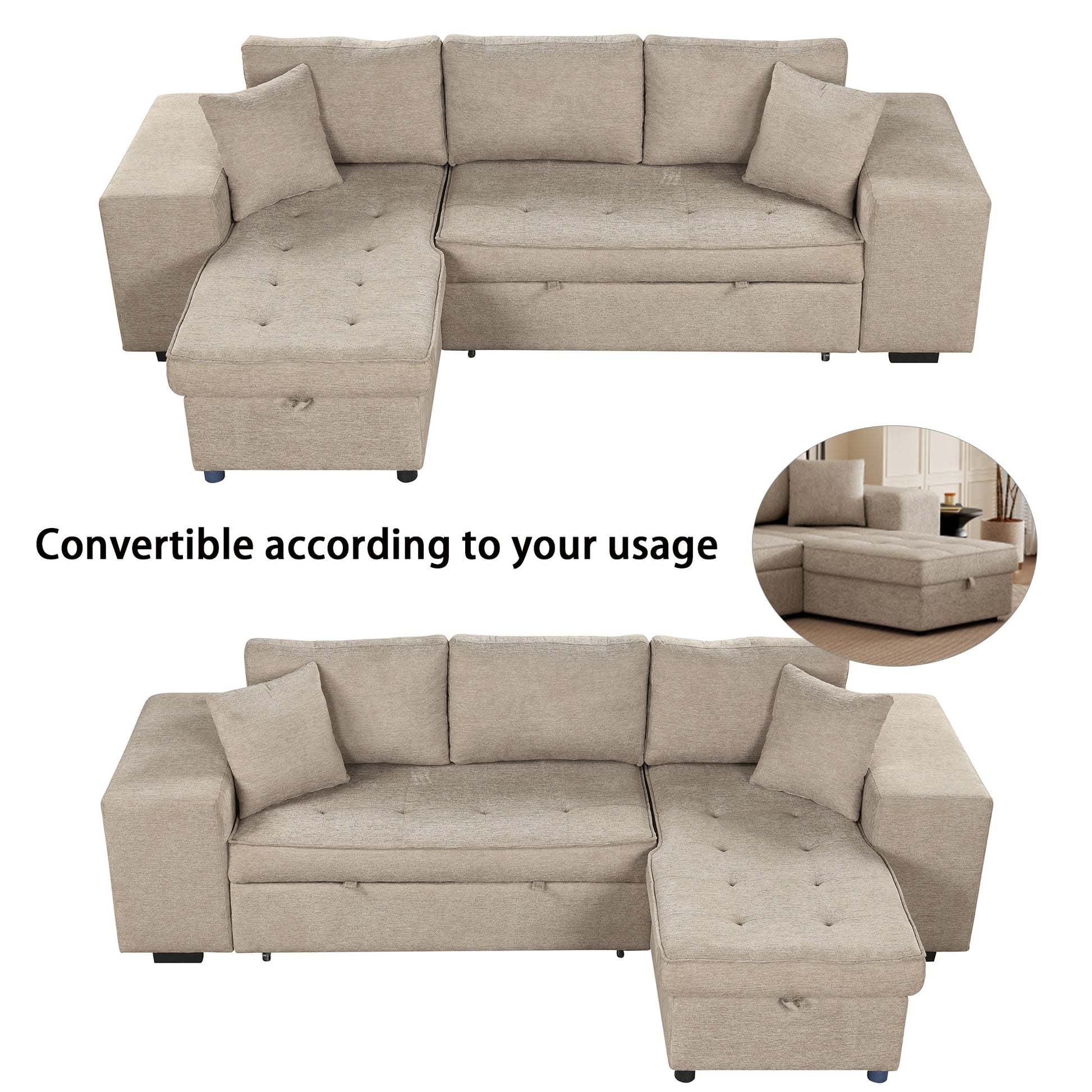 Beige fabric sectional sofa with storage chaise and tufted cushions