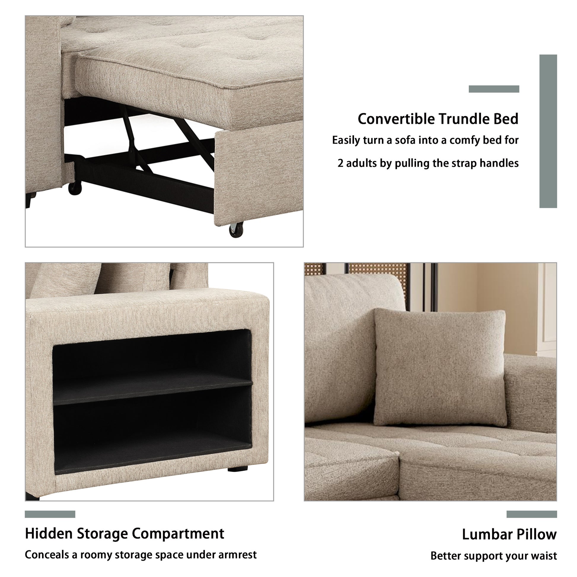 Beige fabric sofa in trundle bed mode with visible pull straps and wheels