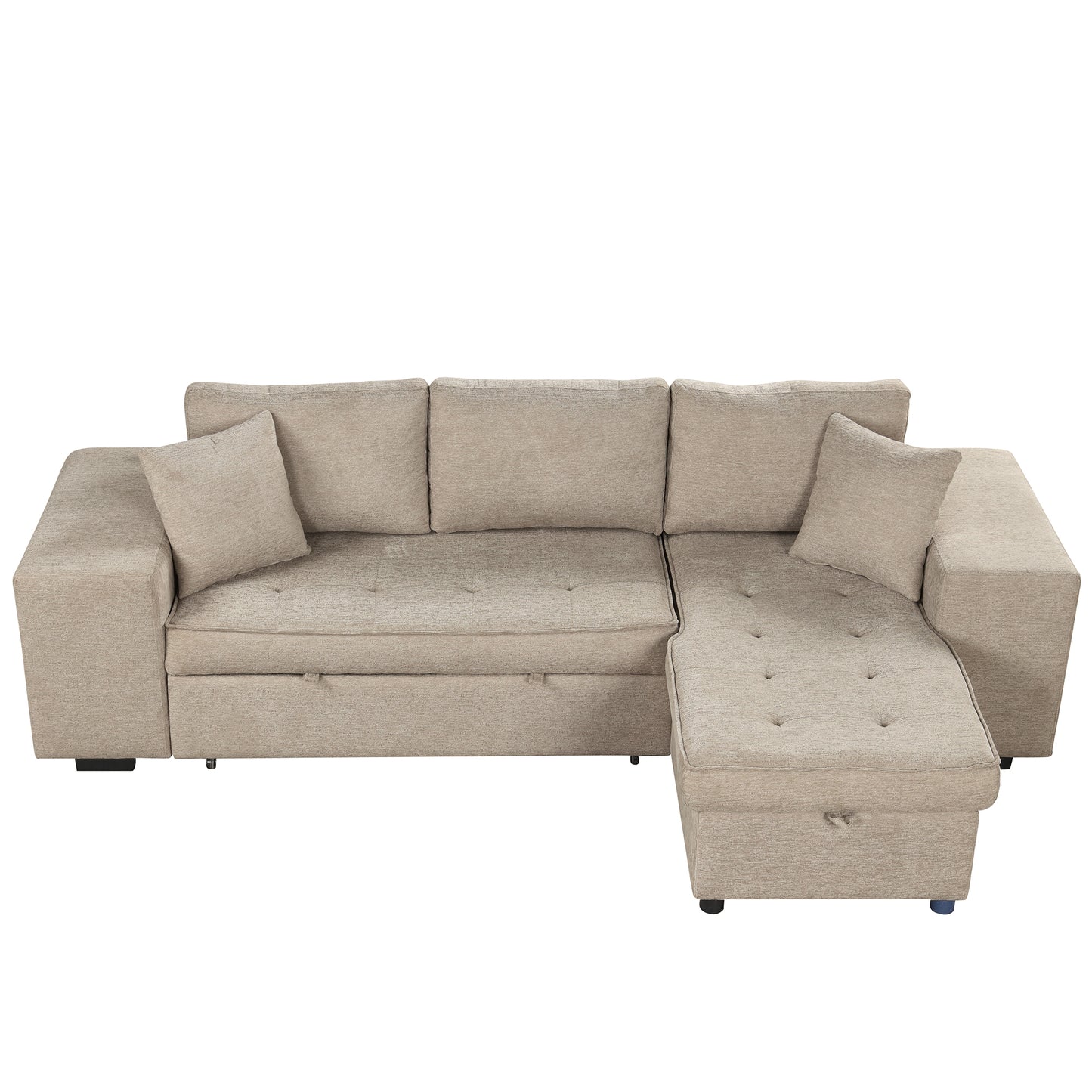 Beige fabric sectional sofa with chaise lounge tufted cushions