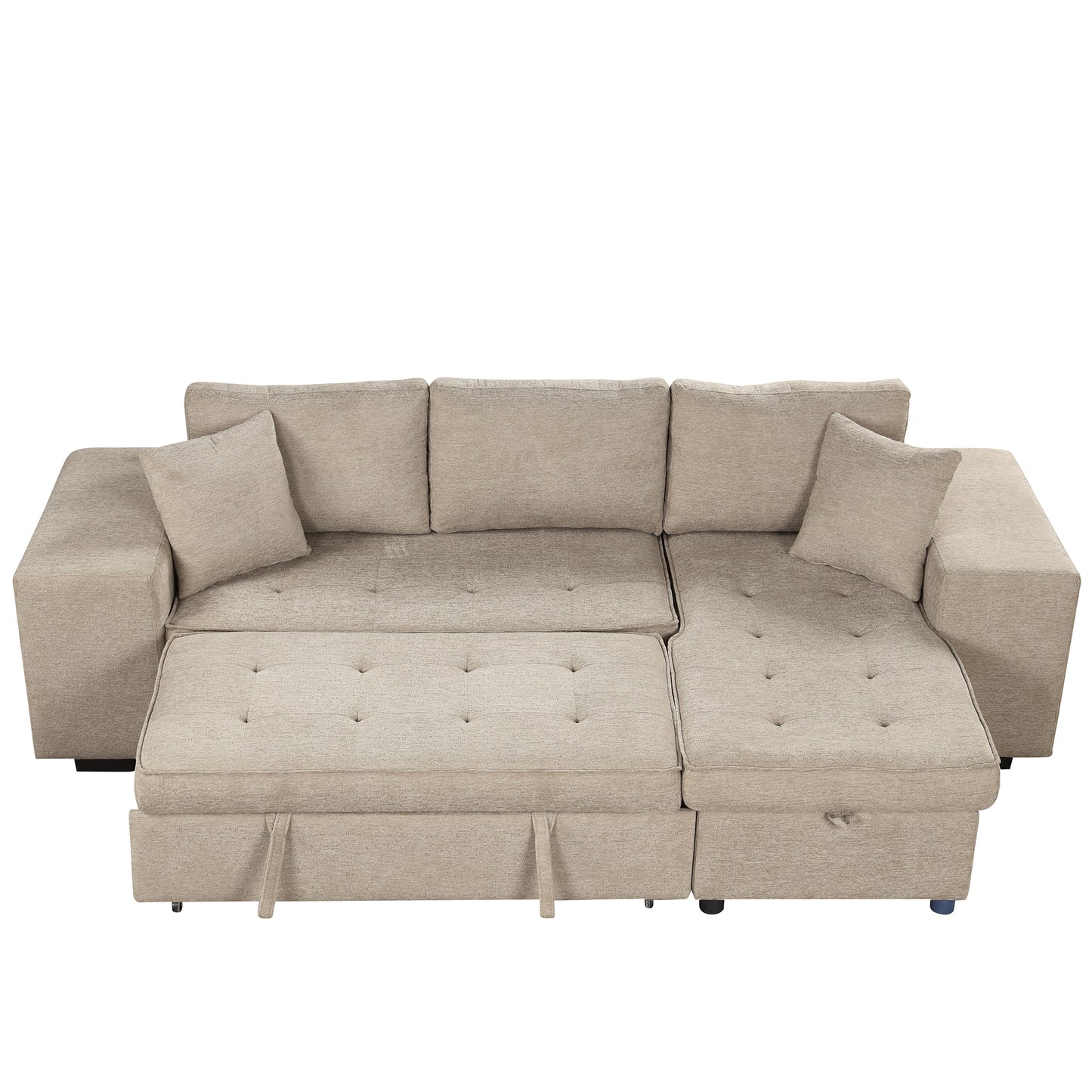 Beige upholstered sectional sofa with chaise lounge and pullout bed mechanism