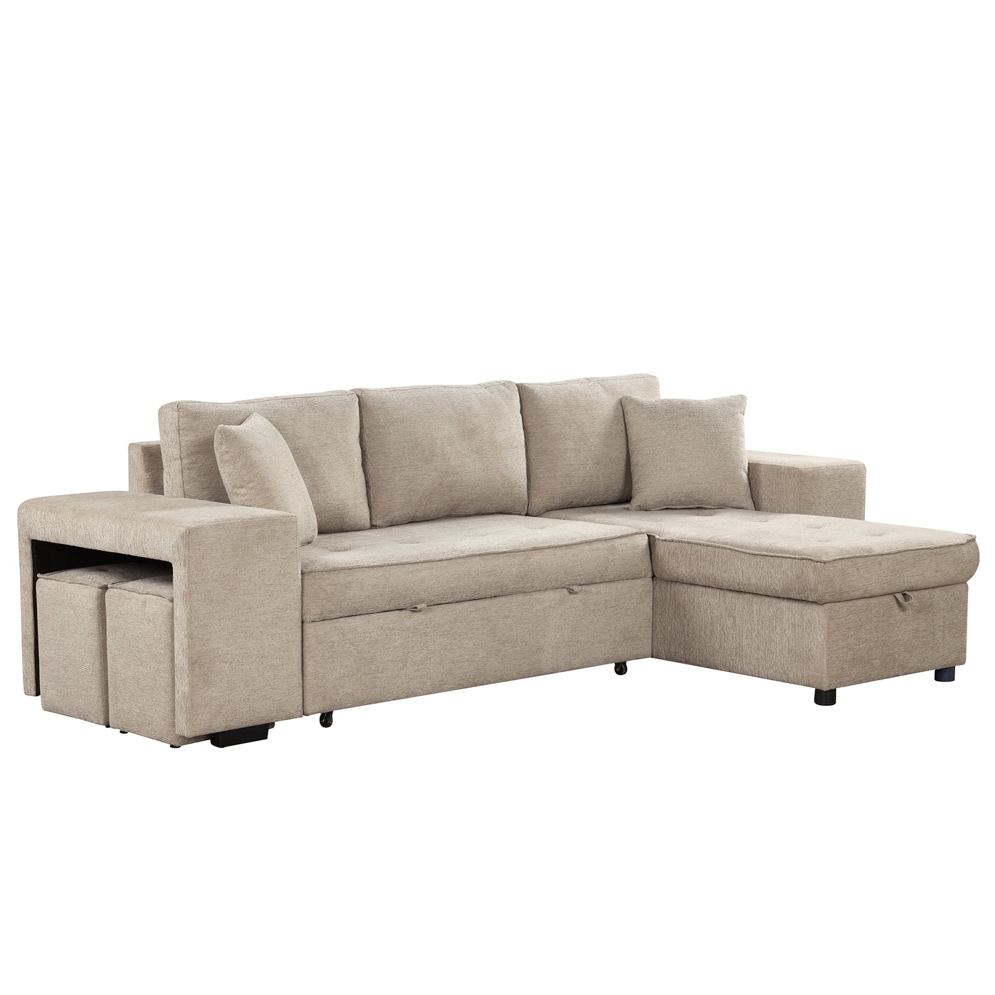 Beige fabric sectional sofa with integrated storage and two ottomans