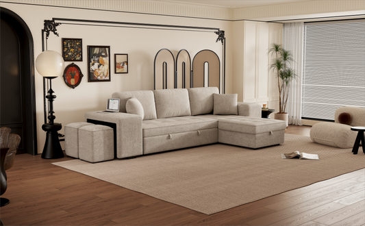 Plush linen sectional sofa in light beige with modular ottomans and builtin storage