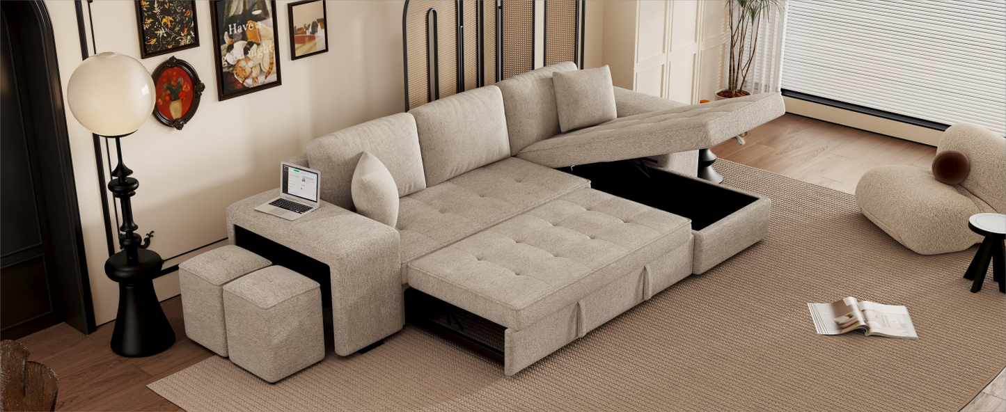Sectional sofa in beige fabric with hidden storage compartments for modern living room comfort