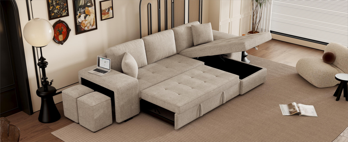 Sectional sofa in beige fabric with hidden storage compartments for modern living room comfort