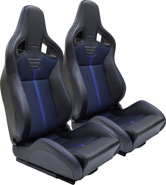 Pair of black racing seats with blue fabric inserts and stitching