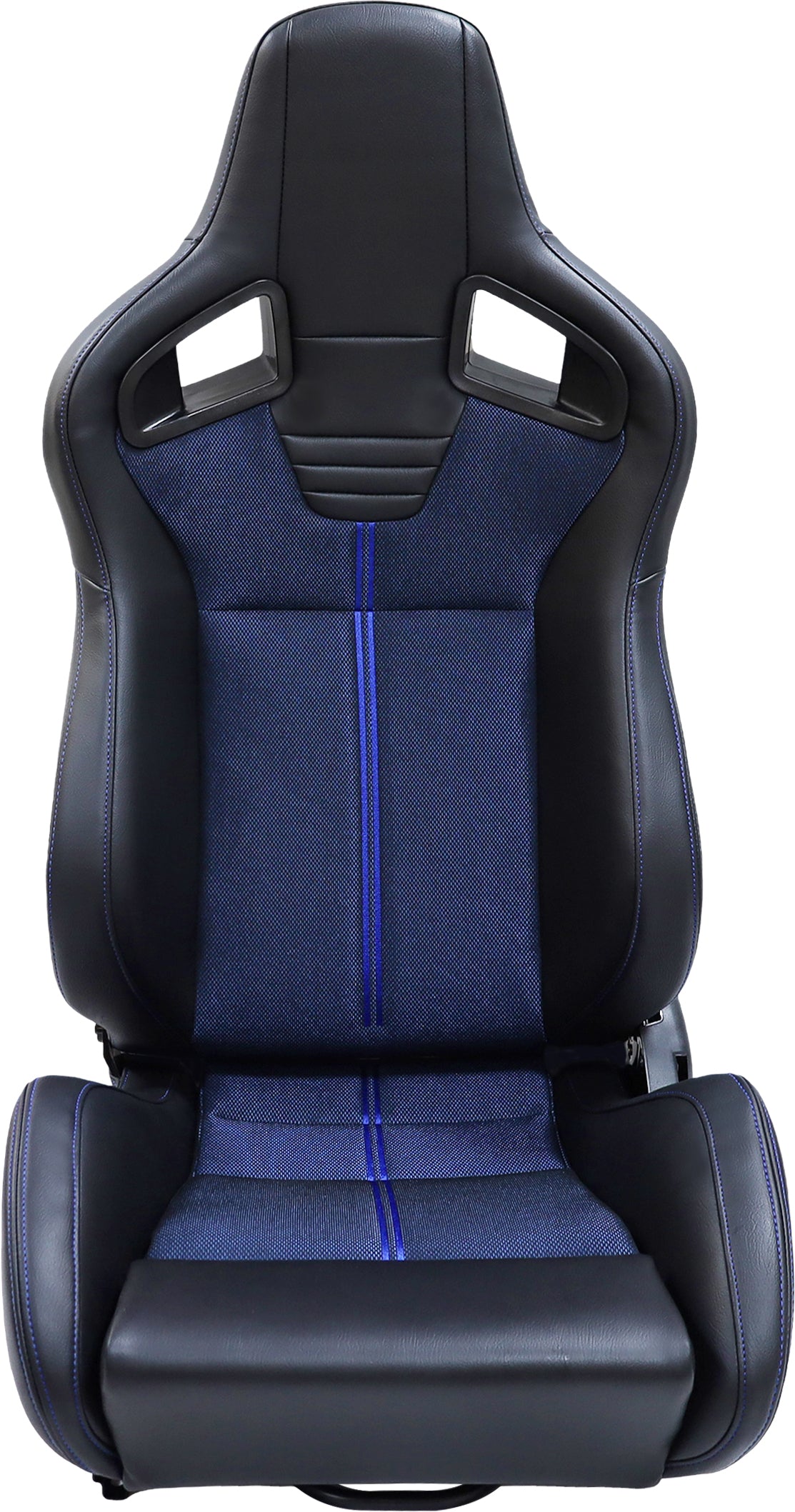 Black racing bucket seat with blue fabric insert and stitching