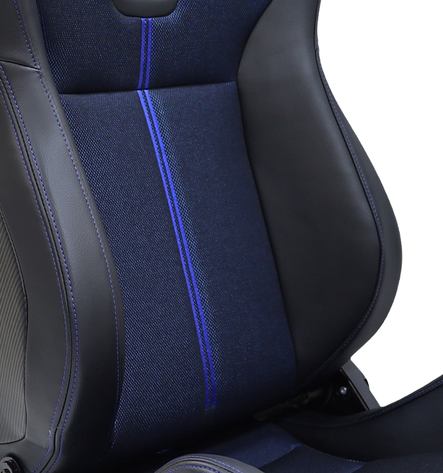 Black racing seat with blue fabric inserts and contrast stitching for enhanced comfort