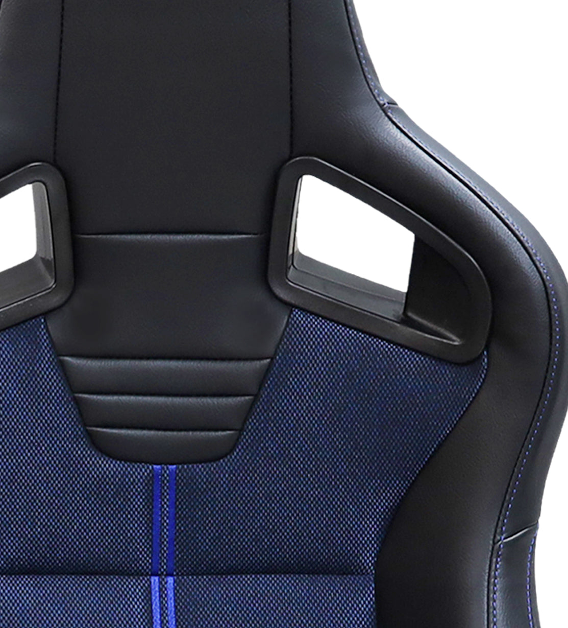 Black gaming chair back with blue mesh accents and lumbar support