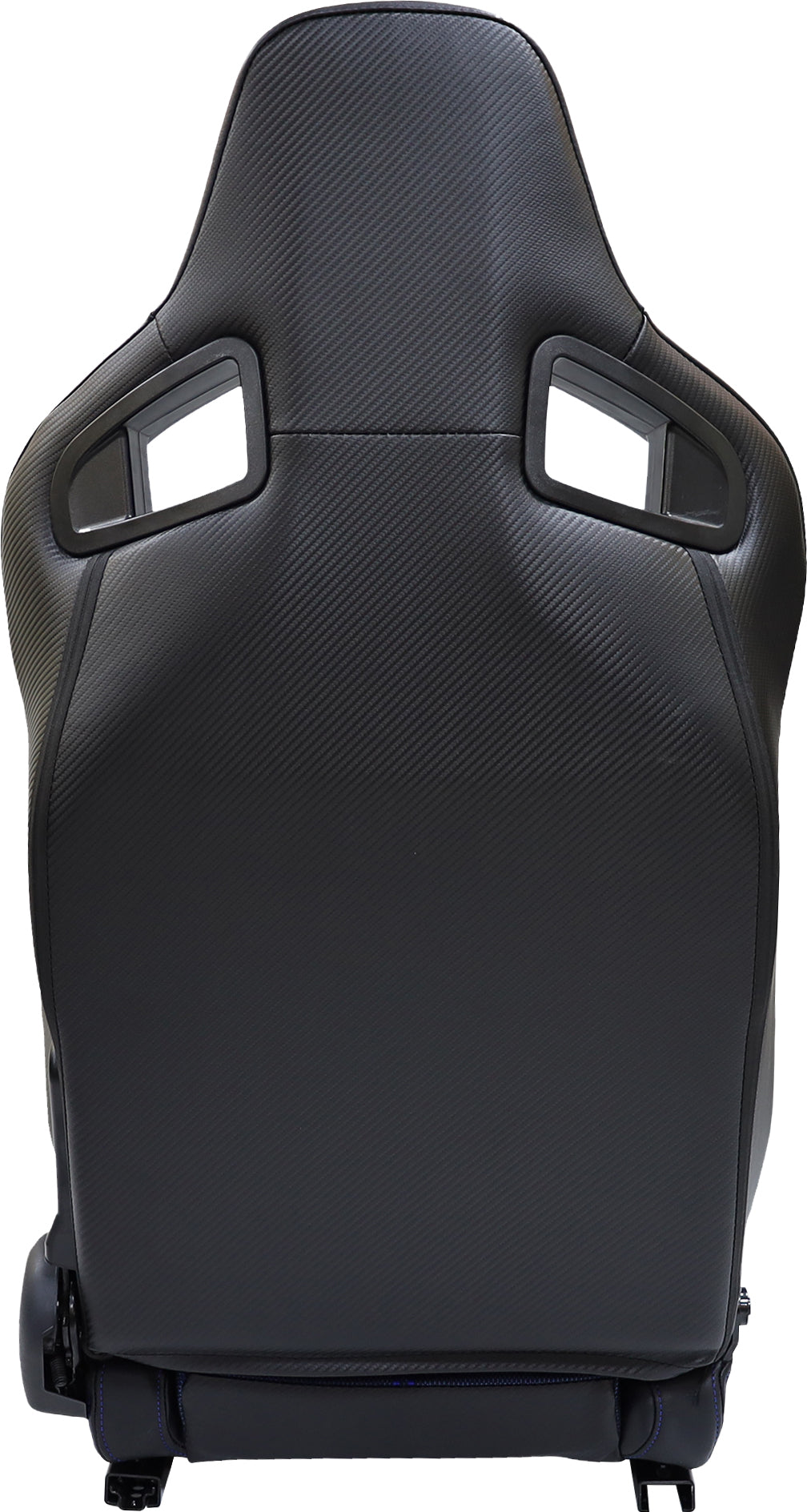 Racing bucket seat with black carbon fiber accents and padded headrest