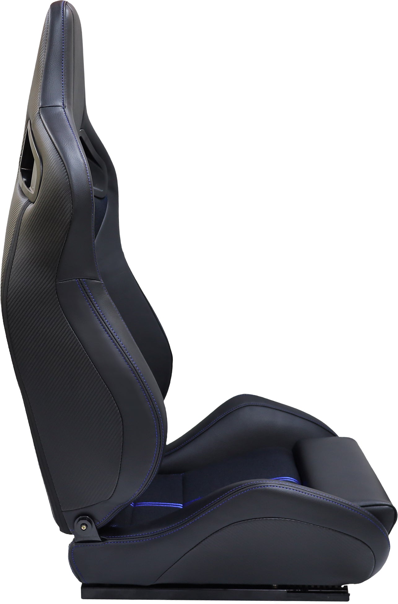 Black racing bucket seat with blue stitching and carbon fiber accents