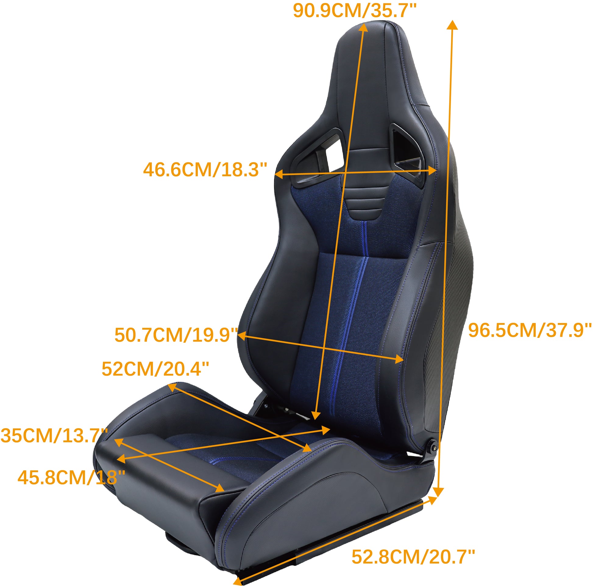 Black racing bucket seat with blue fabric inserts and stitching