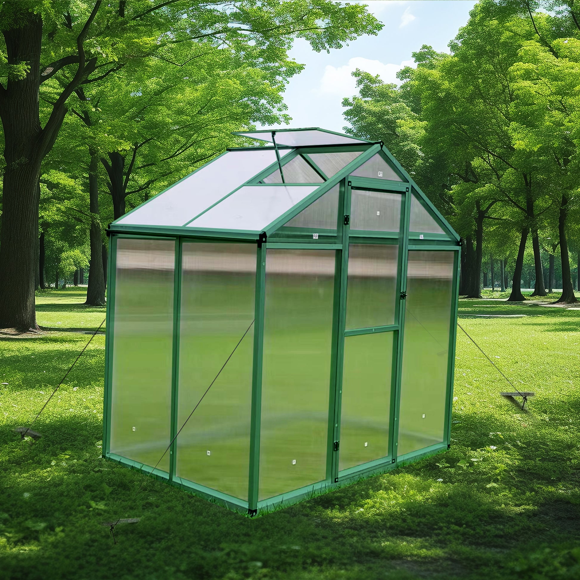 Compact green aluminum frame greenhouse with clear polycarbonate panels for optimal plant growth