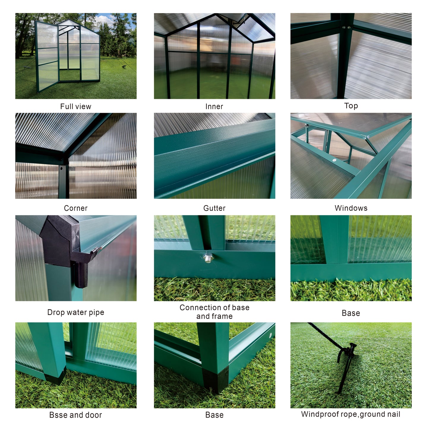 Green metal frame greenhouse with clear polycarbonate panels and double doors on artificial grass
