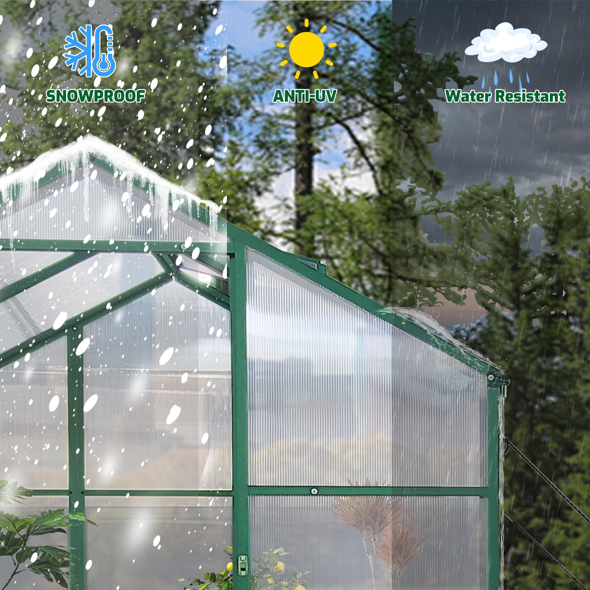 Green metal framed greenhouse with snowproof antiUV and waterresistant polycarbonate panels