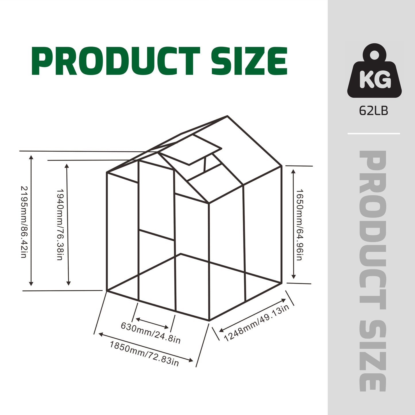 Diagram of a greenhouse with dimensions mm wide mm deep mm high mm total height
