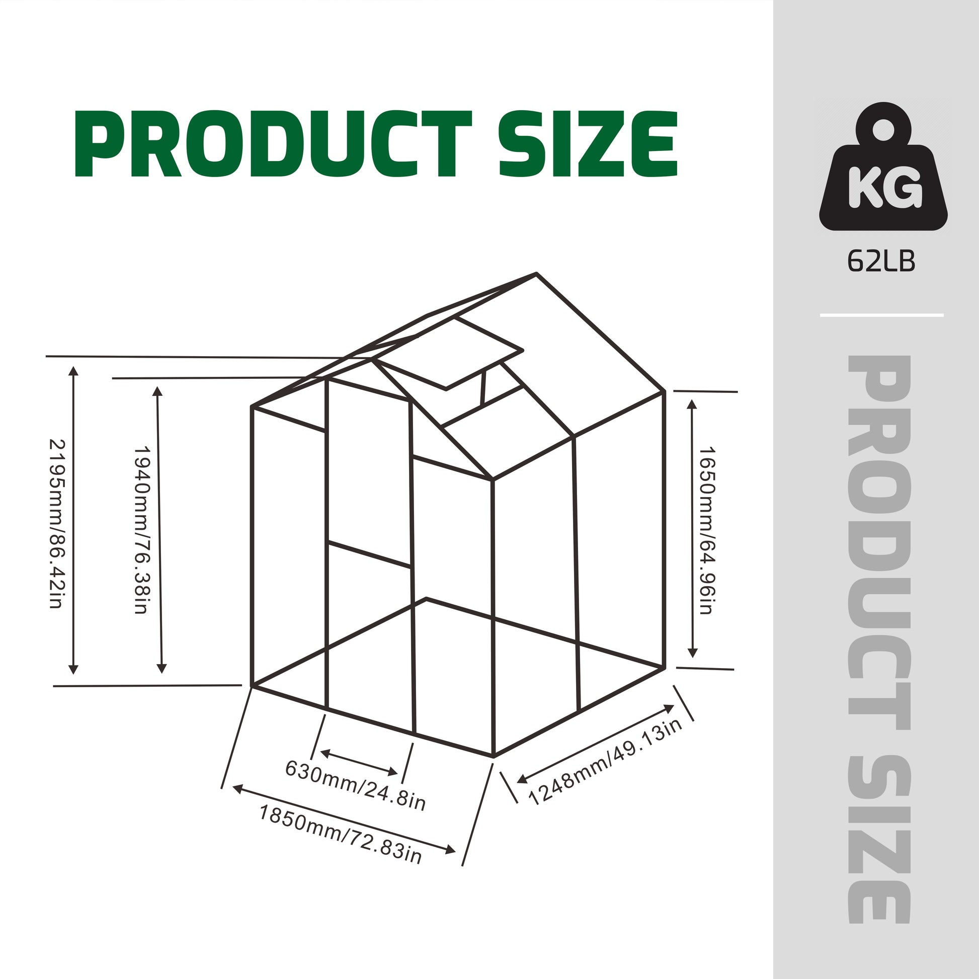 Diagram of a greenhouse with dimensions mm wide mm deep mm high mm total height