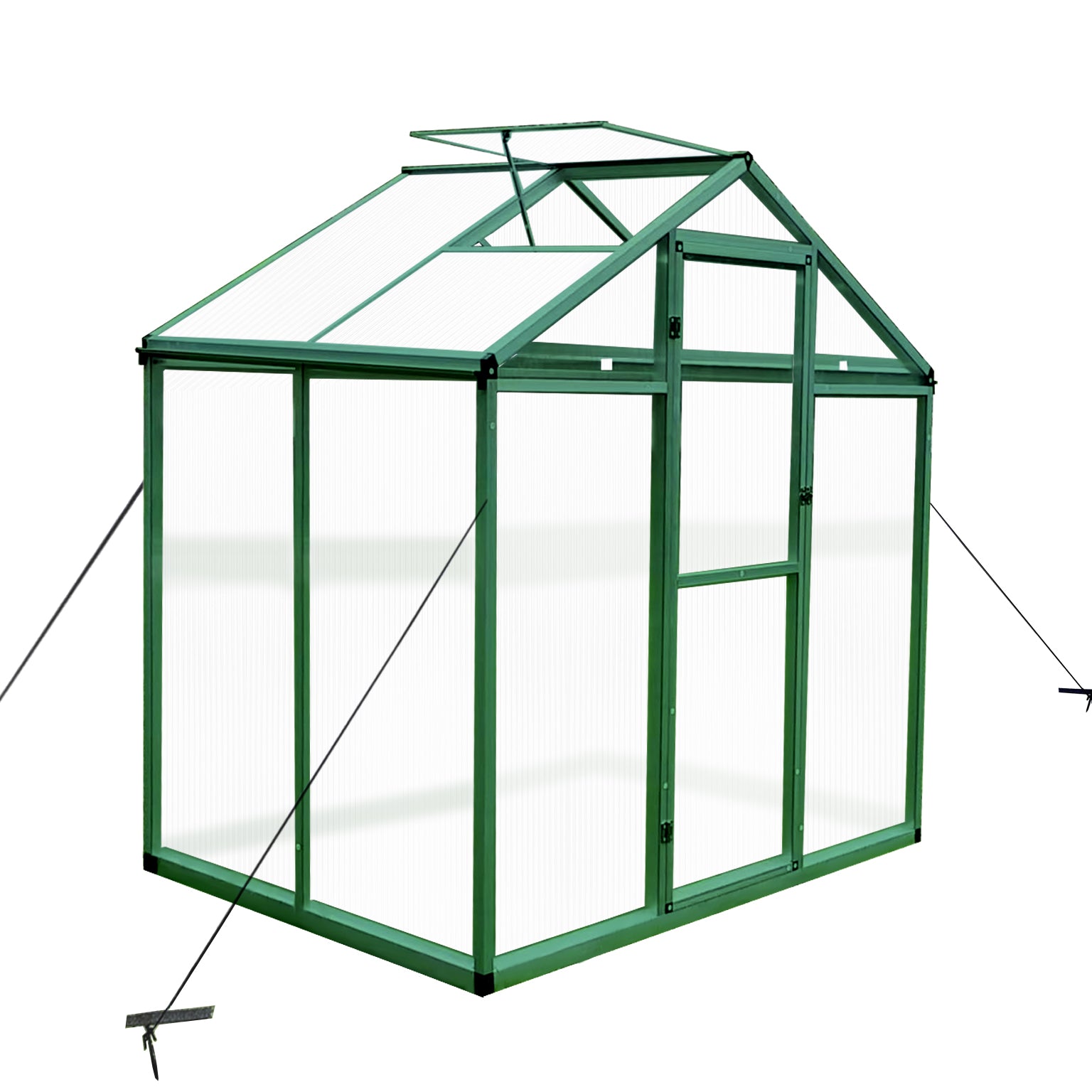Green metal frame greenhouse with polycarbonate panels and a pitched roof for gardening