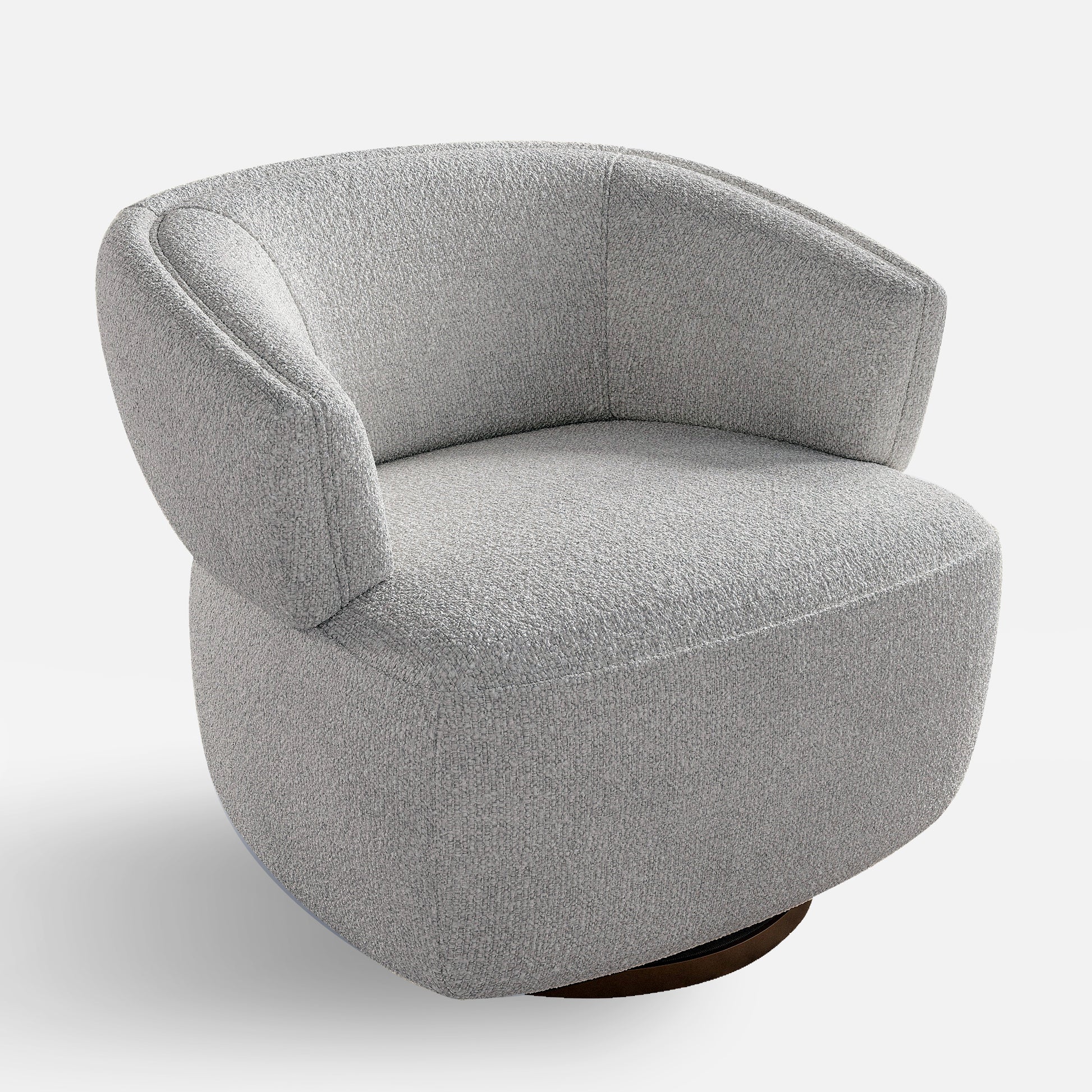 Textured light gray swivel armchair with a curved back and dark wood base
