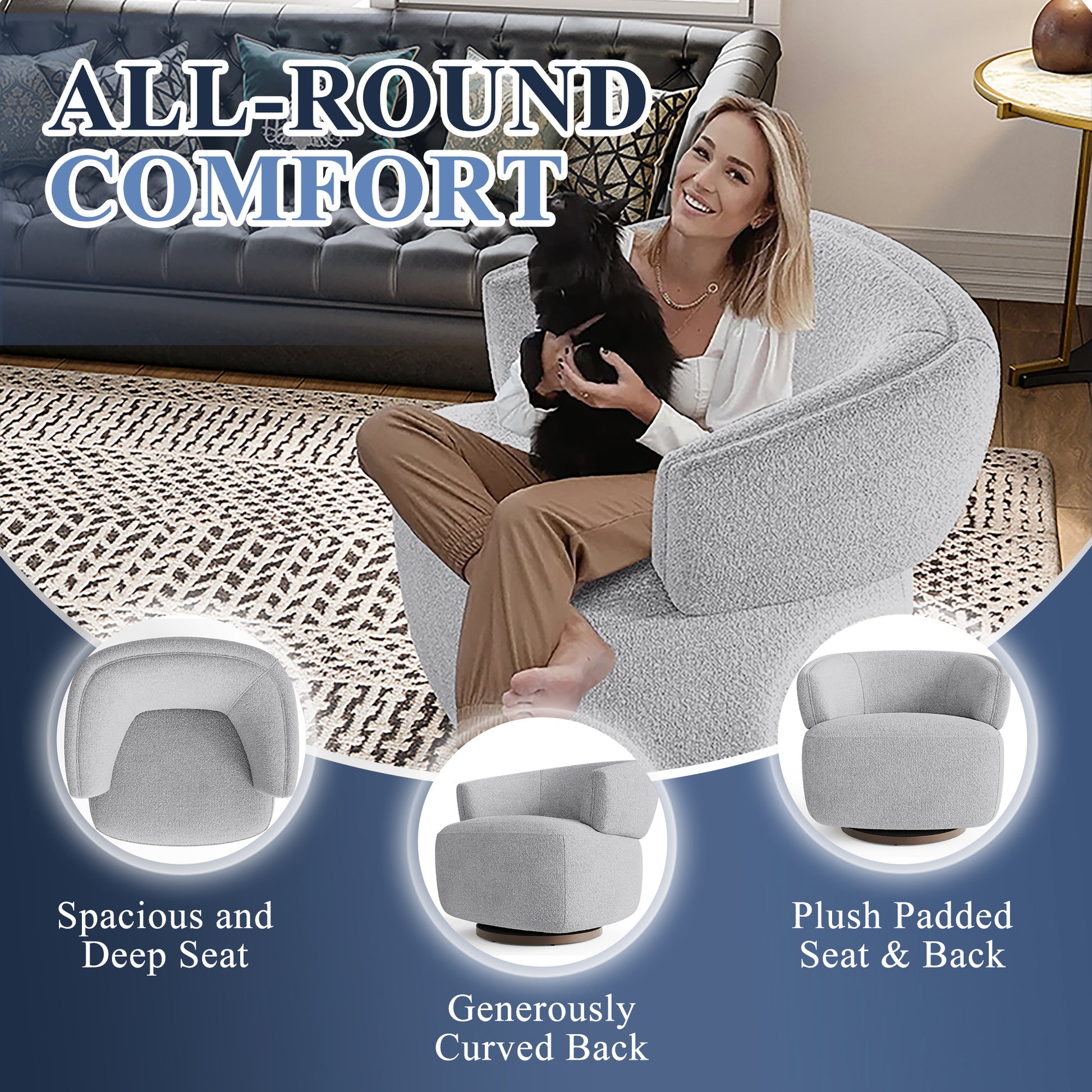 Light grey boucle fabric armchair with deep spacious seat for ultimate comfort