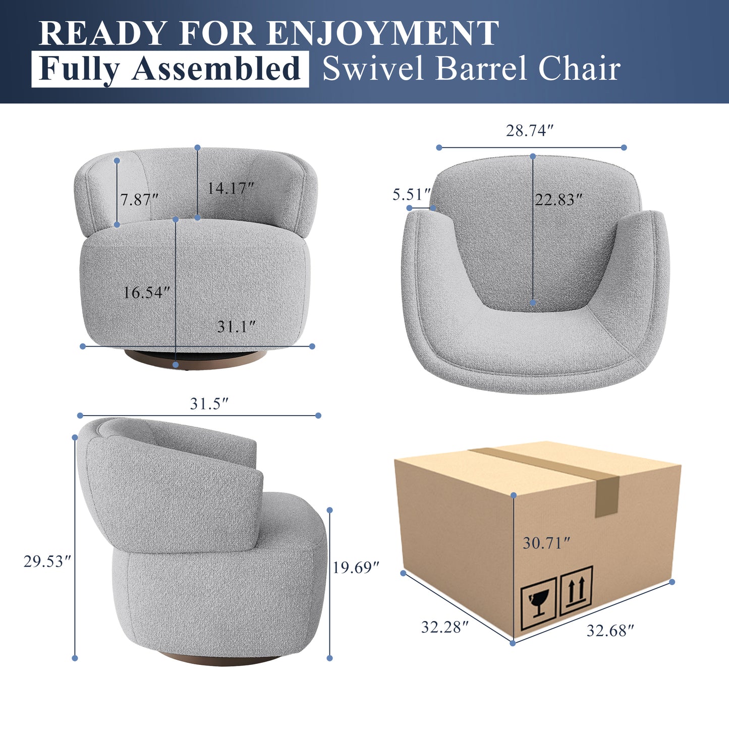 Gray boucle fabric swivel barrel chair with wooden base fully assembled