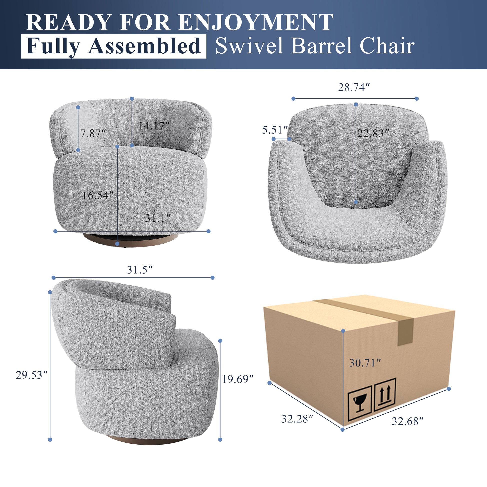 Gray boucle fabric swivel barrel chair with wooden base fully assembled