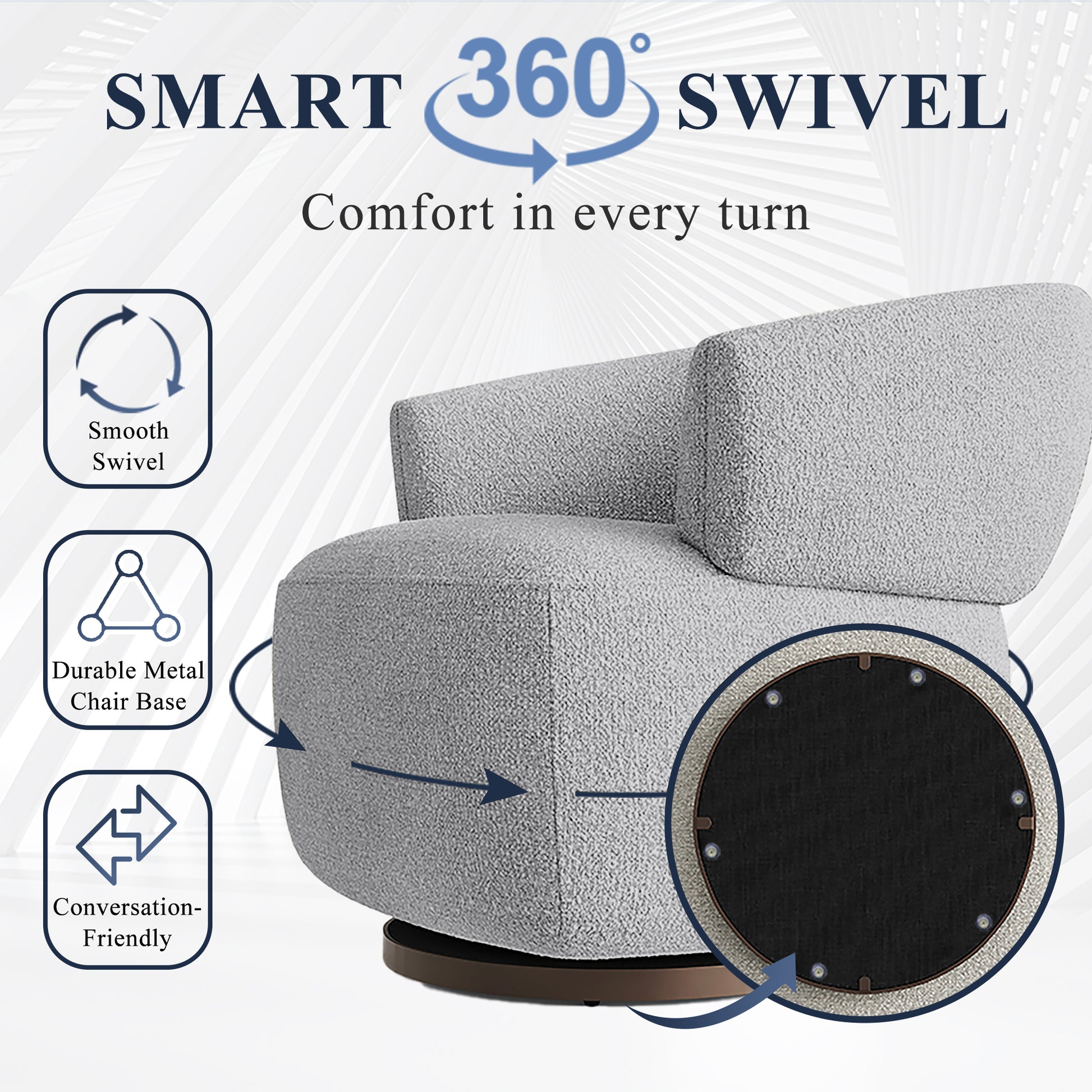 Light gray boucle fabric accent chair with smooth  swivel and metal base