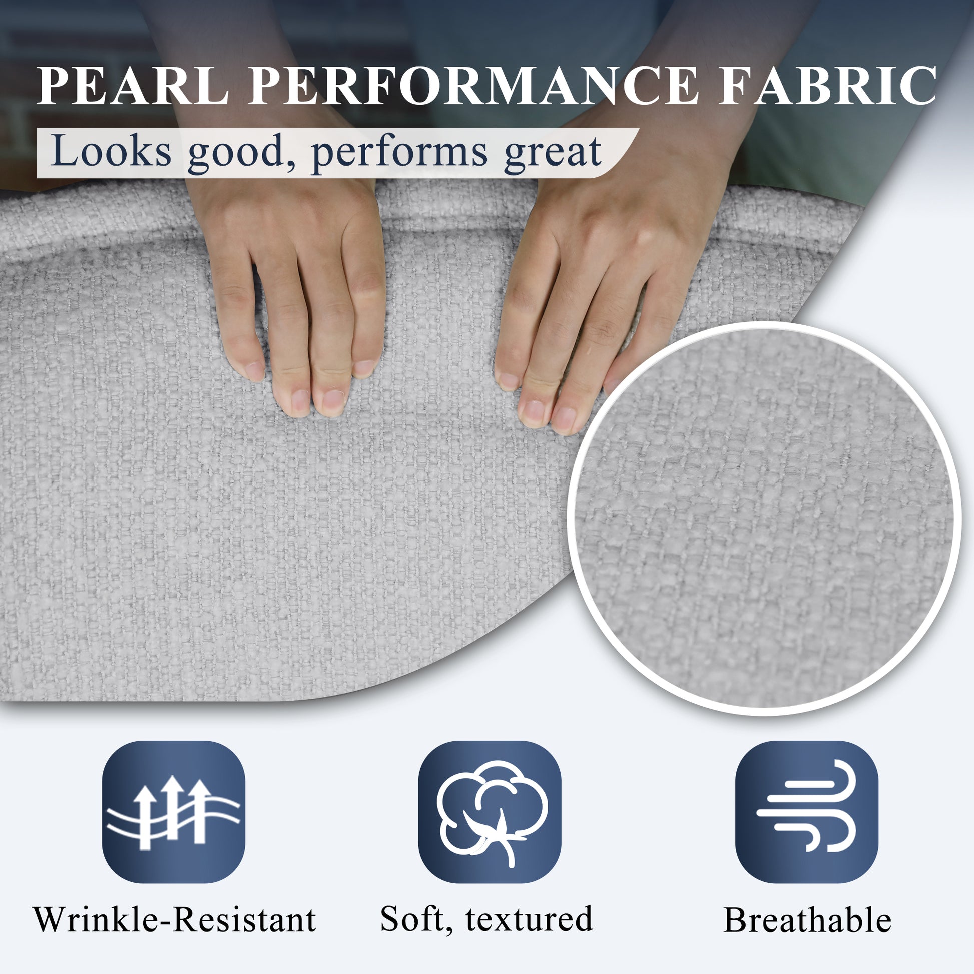 Closeup of light grey textured pearl performance fabric with hands touching it