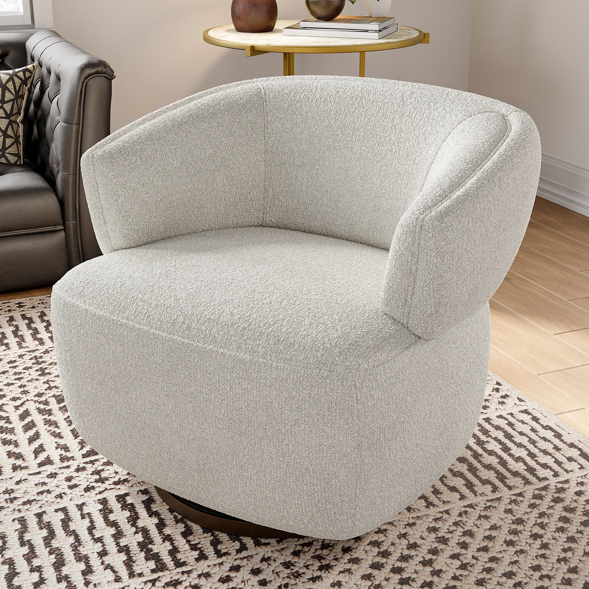 Plush boucle fabric accent chair in light grey perfect for living rooms