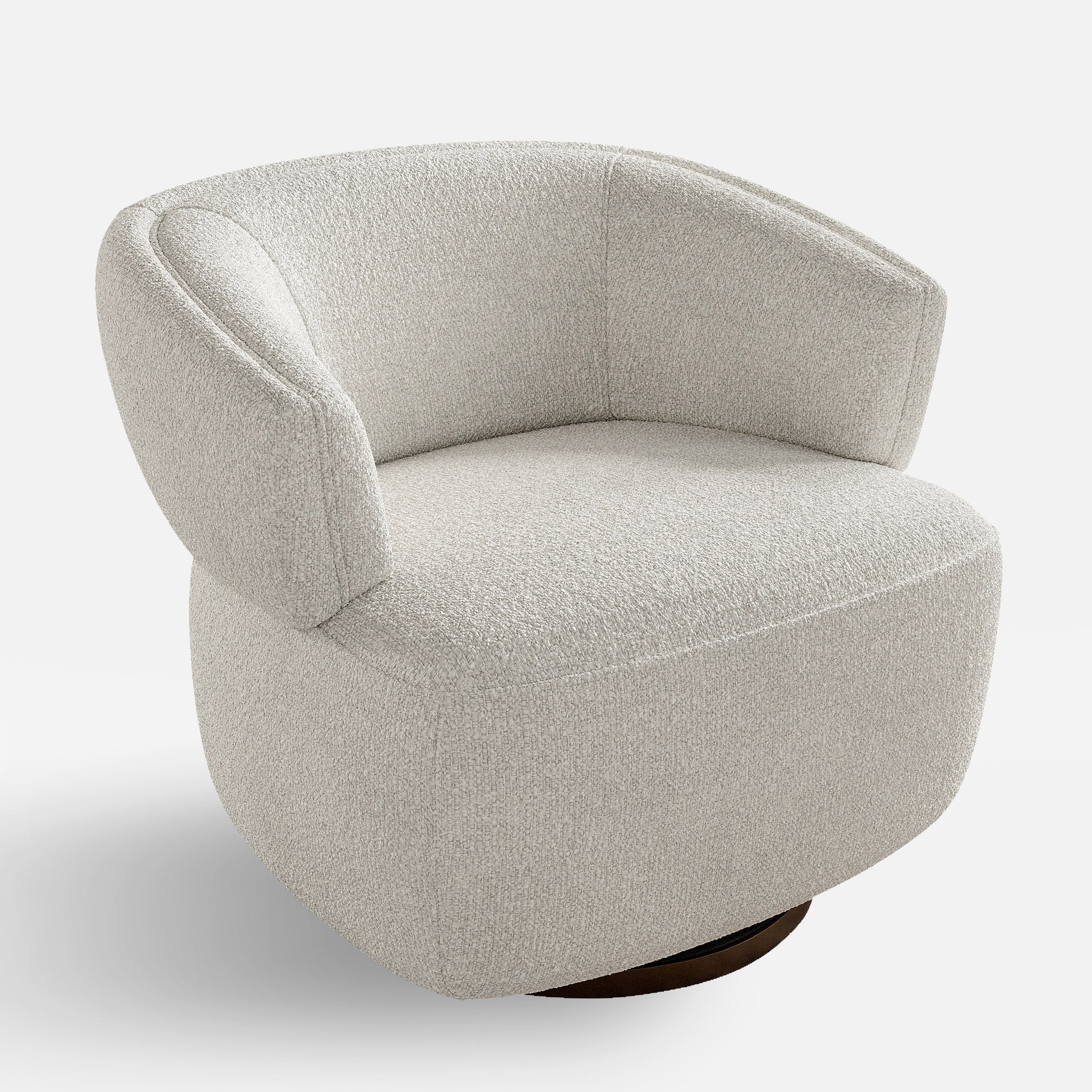 Cream boucle fabric swivel accent chair with a dark wood base
