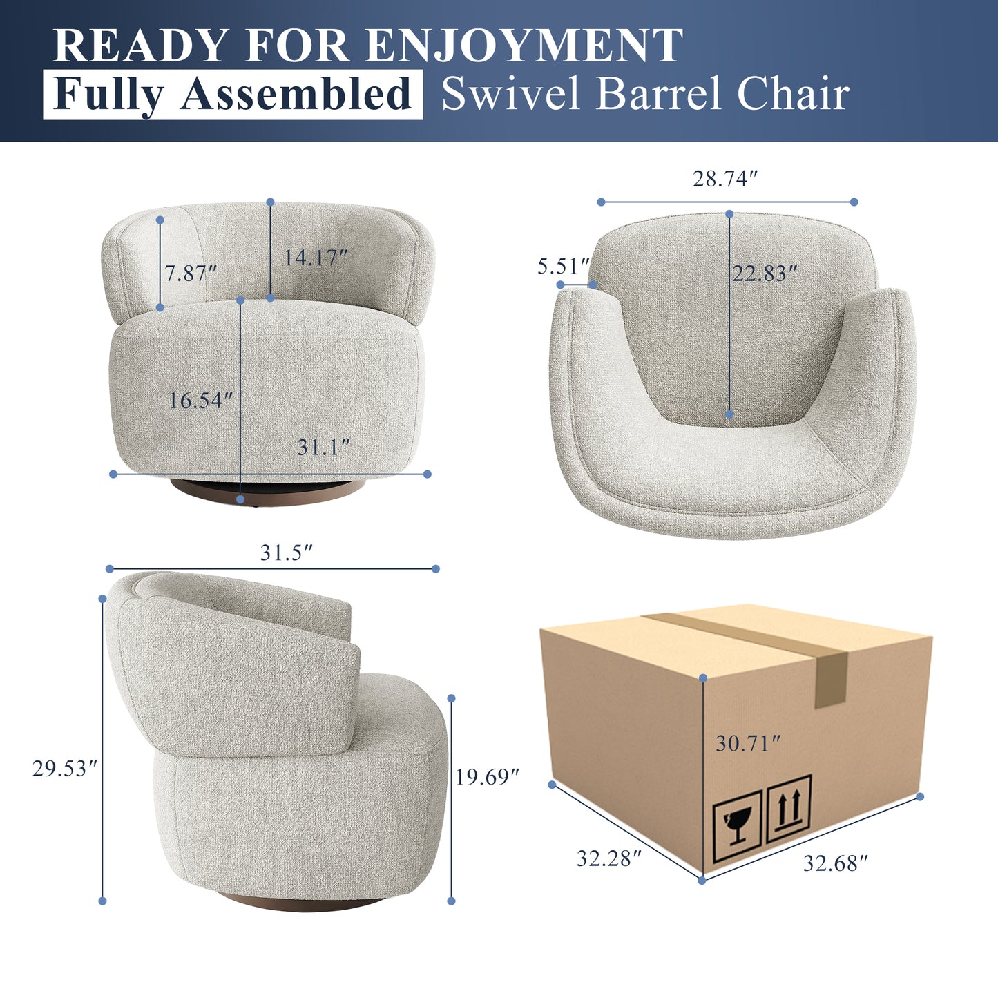 Cream swivel barrel chair with textured fabric and wooden base